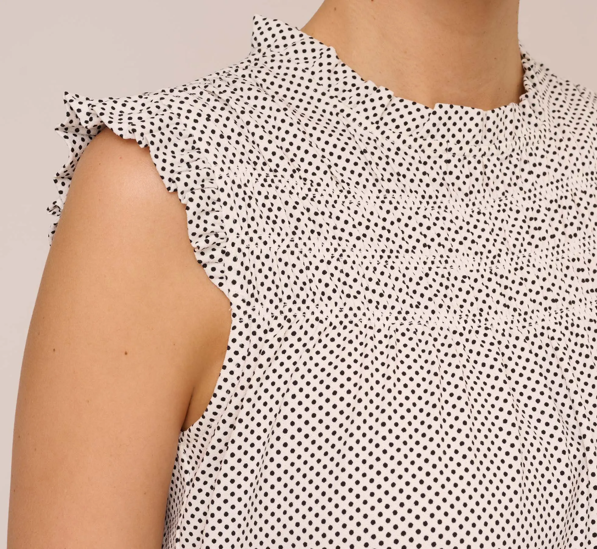 Dot Print Sleeveless Top With Ruffled Details In Ivory Black Small Dot sold by Adrianna Papell product image thumbnail 3