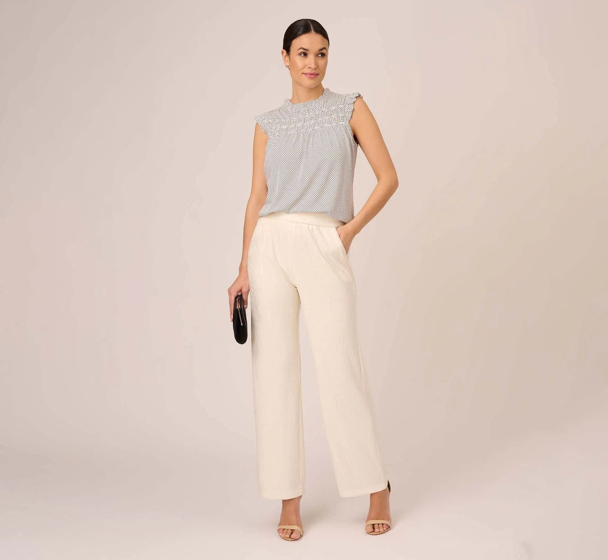 Dot Print Sleeveless Top With Ruffled Details In Ivory Black Small Dot sold by Adrianna Papell product image thumbnail 2