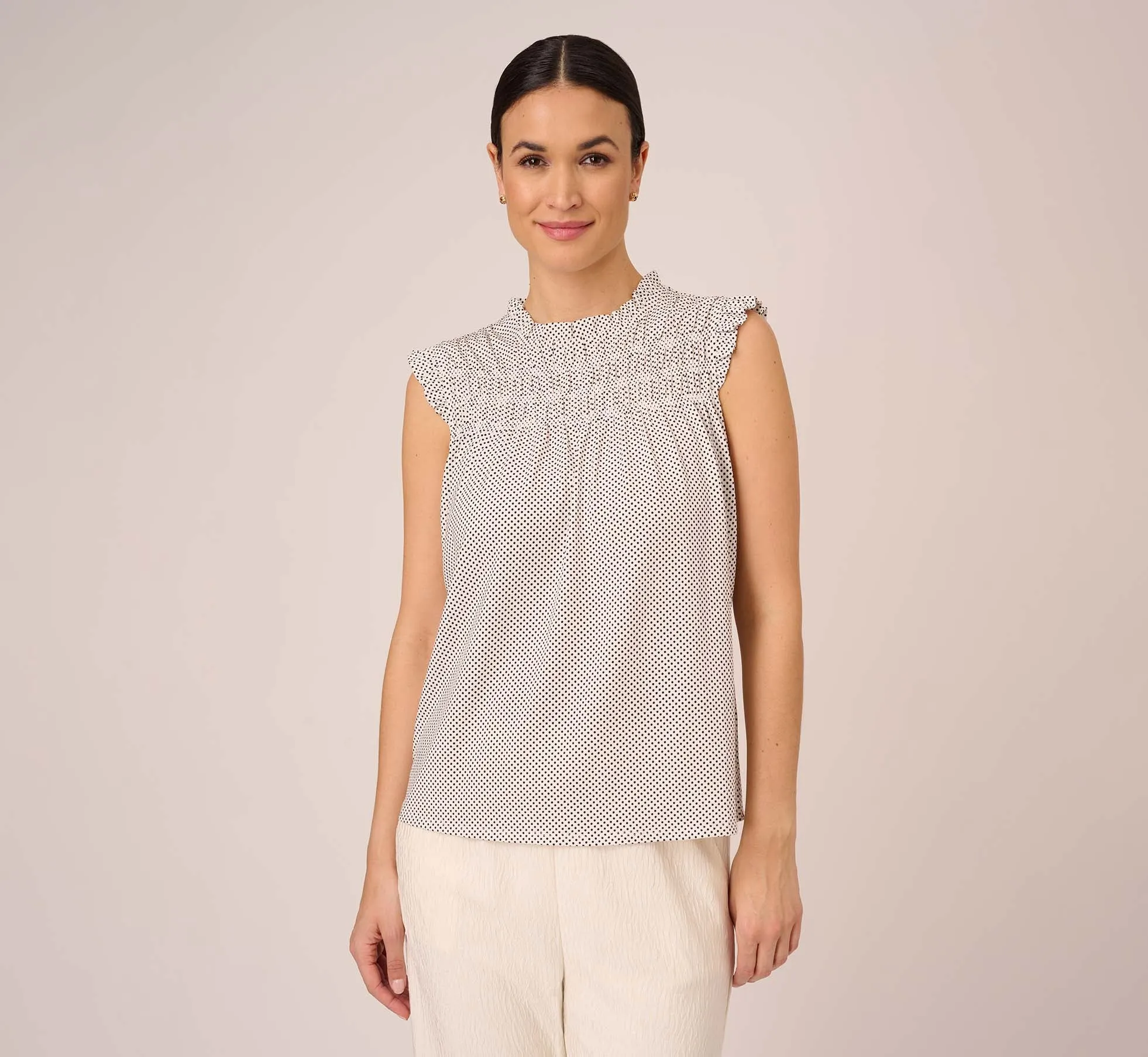 Dot Print Sleeveless Top With Ruffled Details In Ivory Black Small Dot sold by Adrianna Papell