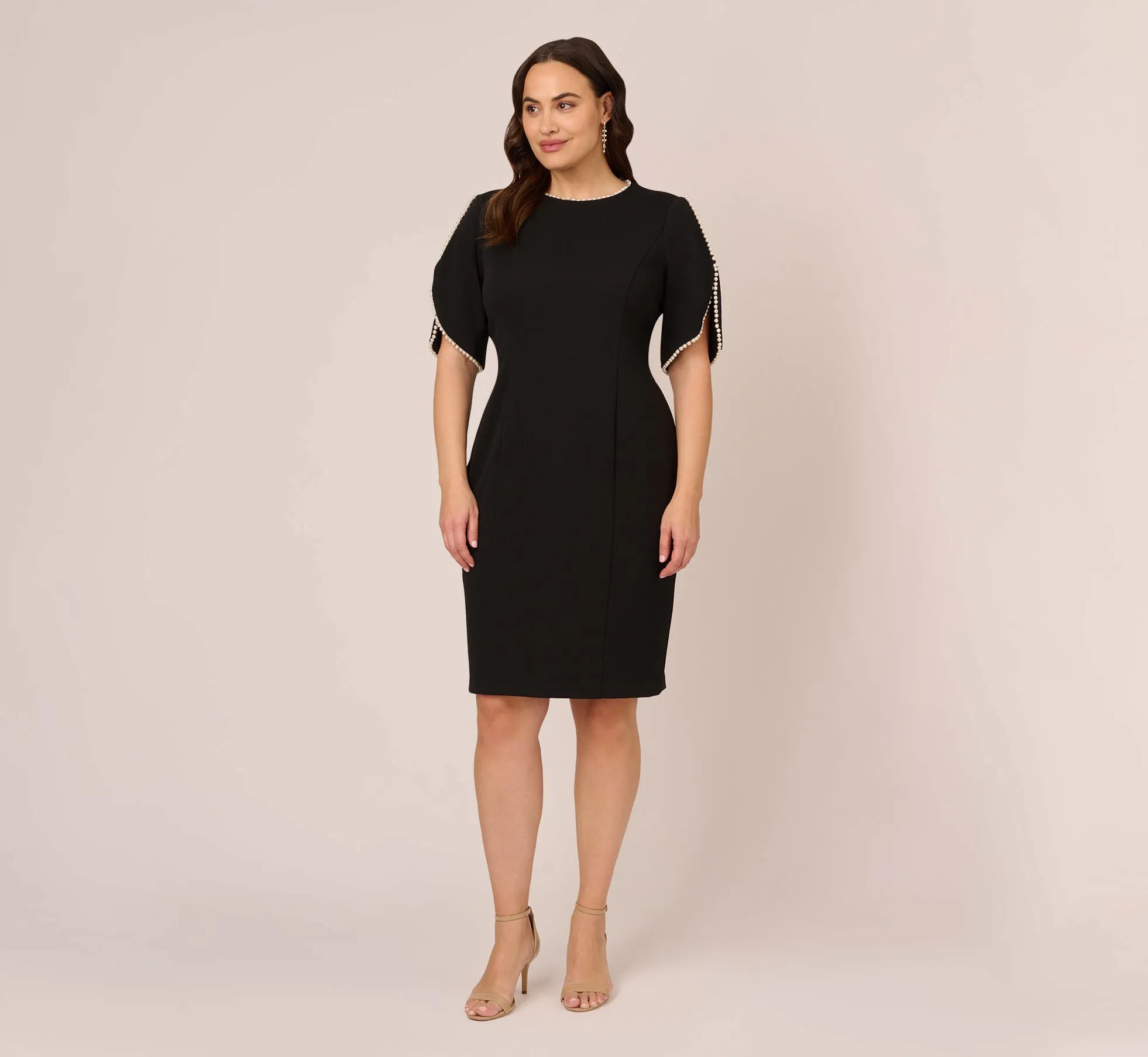 Plus Size Crepe Midi Length Sheath Dress With Pearl Trimmed Sleeves In Black sold by Adrianna Papell product image thumbnail 5