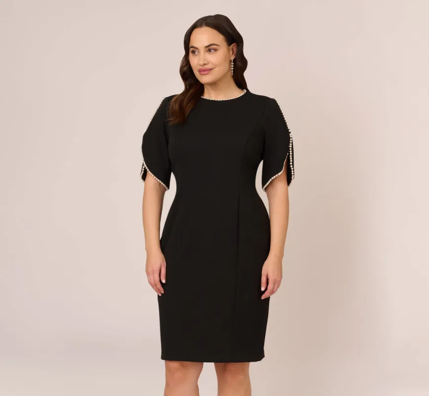 Plus Size Crepe Midi Length Sheath Dress With Pearl Trimmed Sleeves In Black sold by Adrianna Papell