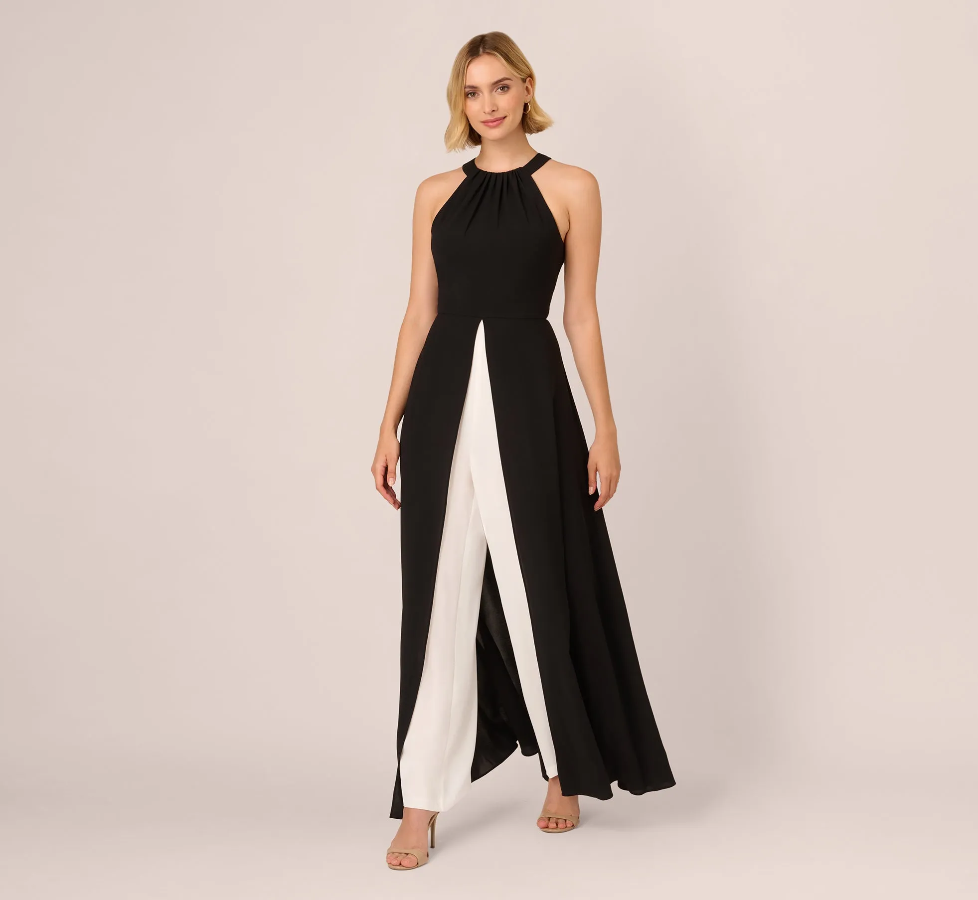 Halter Crepe Overlay Jumpsuit In Black Ivory sold by Adrianna Papell