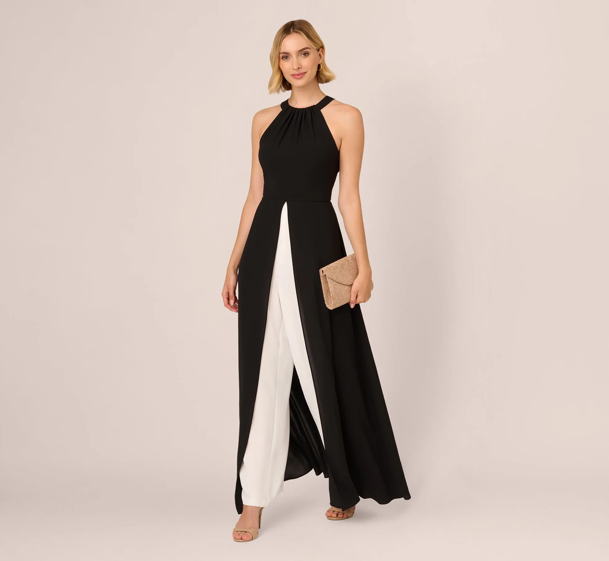 Halter Crepe Overlay Jumpsuit In Black Ivory sold by Adrianna Papell product image thumbnail 2