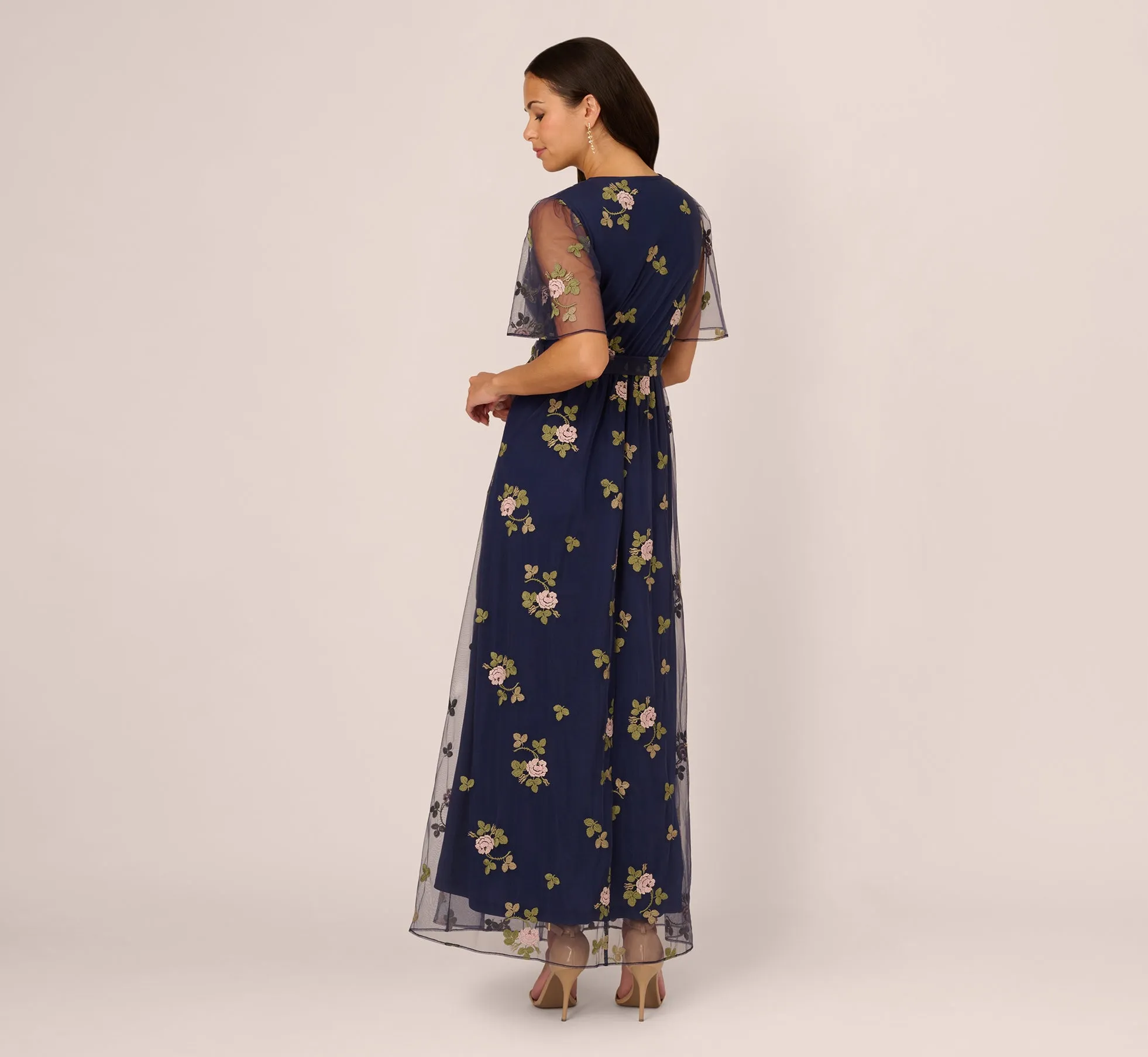 Floral Embroidered Maxi Dress With Sheer Flutter Sleeves In Navy Multi sold by Adrianna Papell product image thumbnail 4