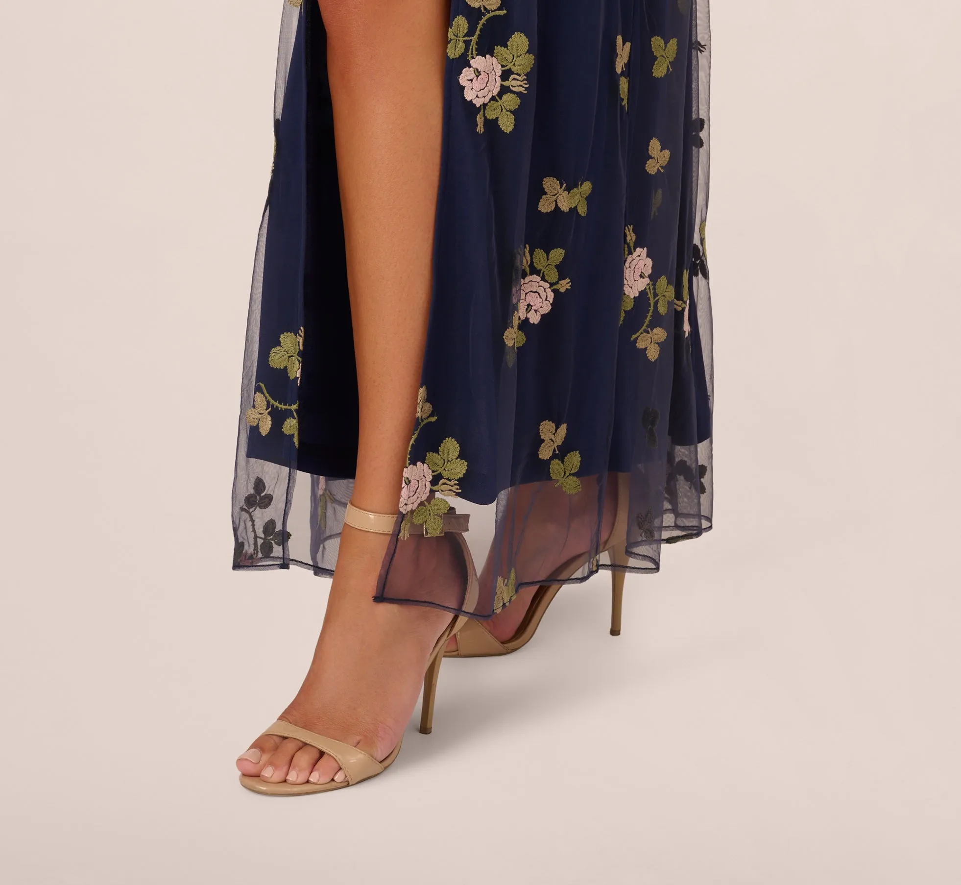 Floral Embroidered Maxi Dress With Sheer Flutter Sleeves In Navy Multi sold by Adrianna Papell product image thumbnail 5