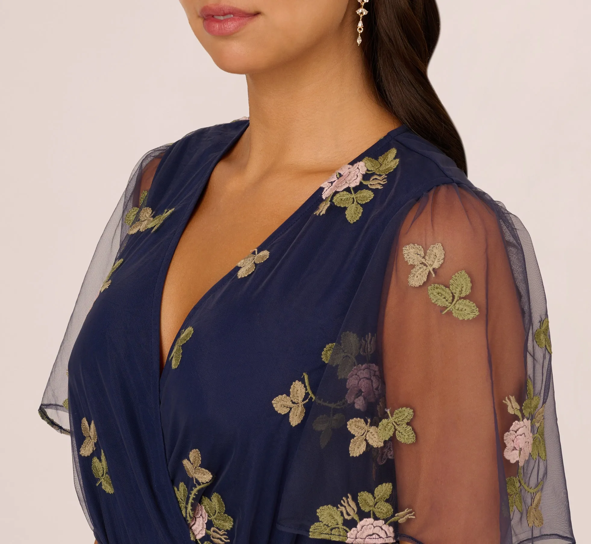 Floral Embroidered Maxi Dress With Sheer Flutter Sleeves In Navy Multi sold by Adrianna Papell product image thumbnail 3