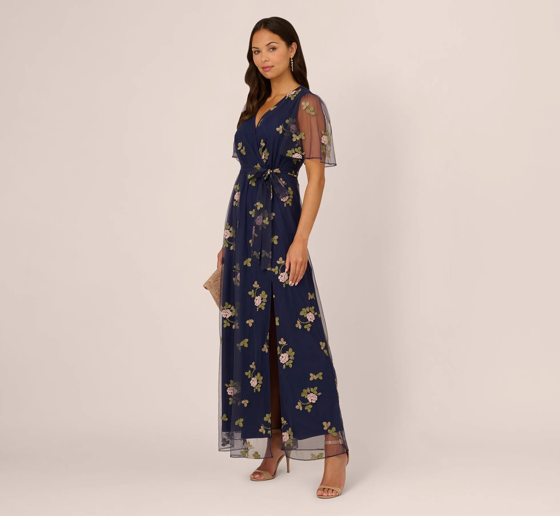 Floral Embroidered Maxi Dress With Sheer Flutter Sleeves In Navy Multi sold by Adrianna Papell product image thumbnail 2