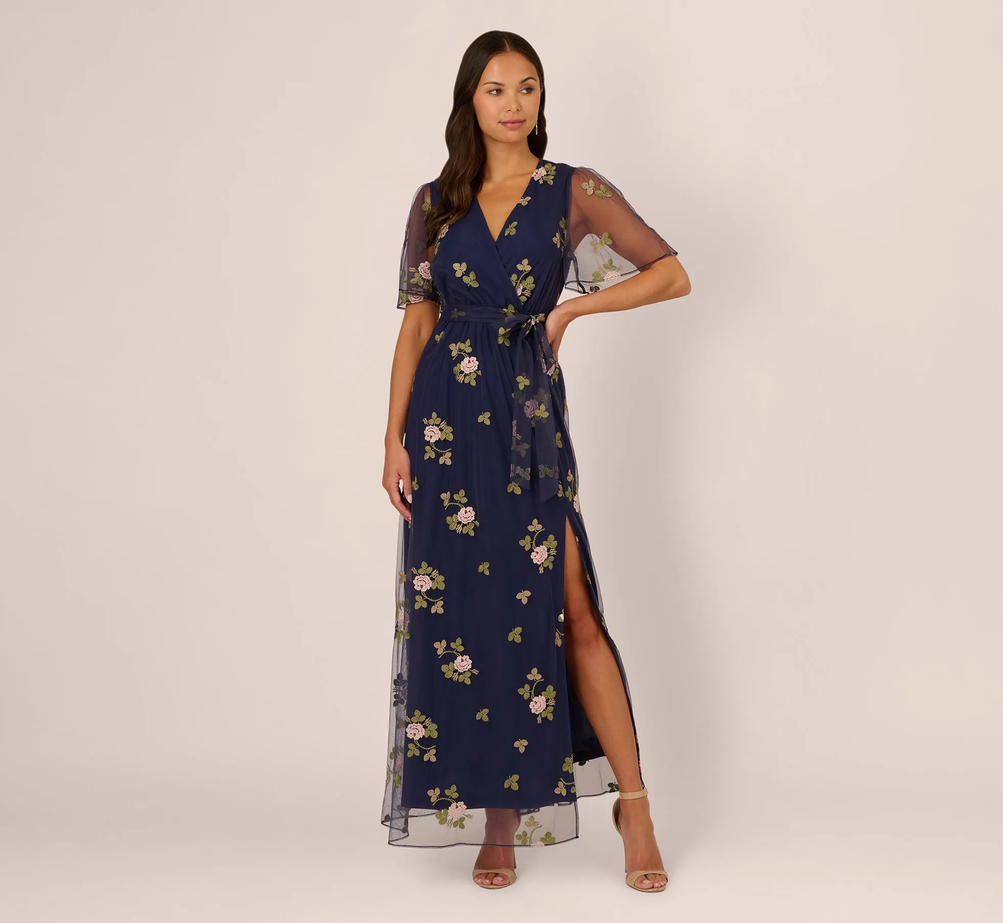 Floral Embroidered Maxi Dress With Sheer Flutter Sleeves In Navy Multi sold by Adrianna Papell