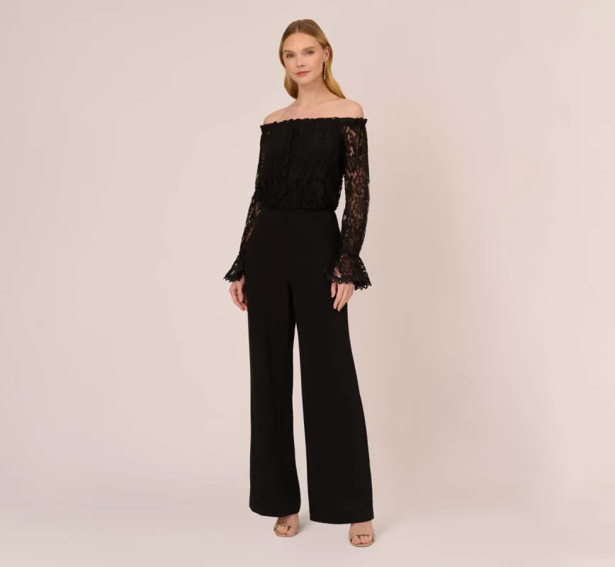 Black Off The Shoulder Crepe Jumpsuit With Lace Bodice In Black sold by Adrianna Papell