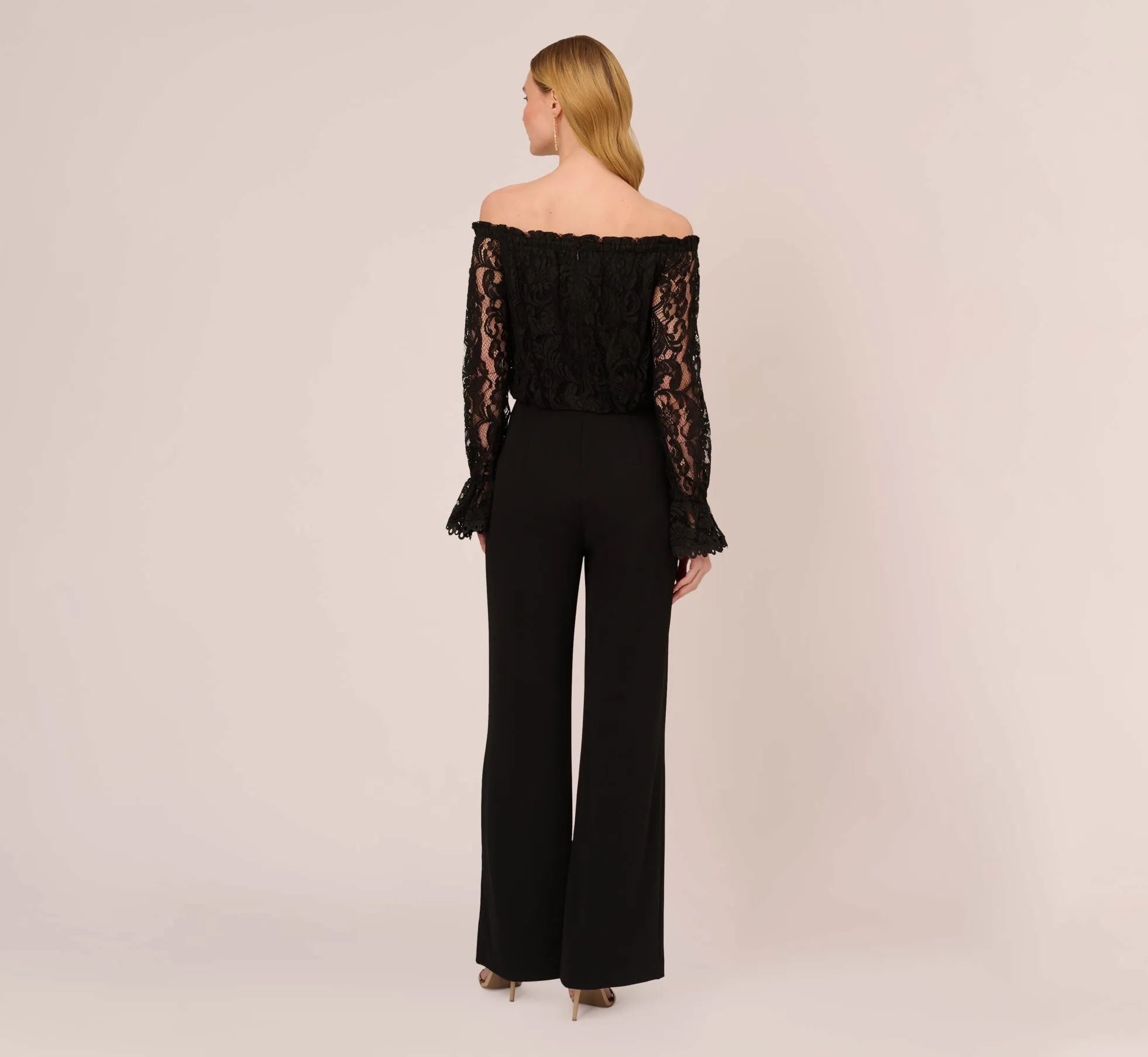 Black Off The Shoulder Crepe Jumpsuit With Lace Bodice In Black sold by Adrianna Papell product image thumbnail 3