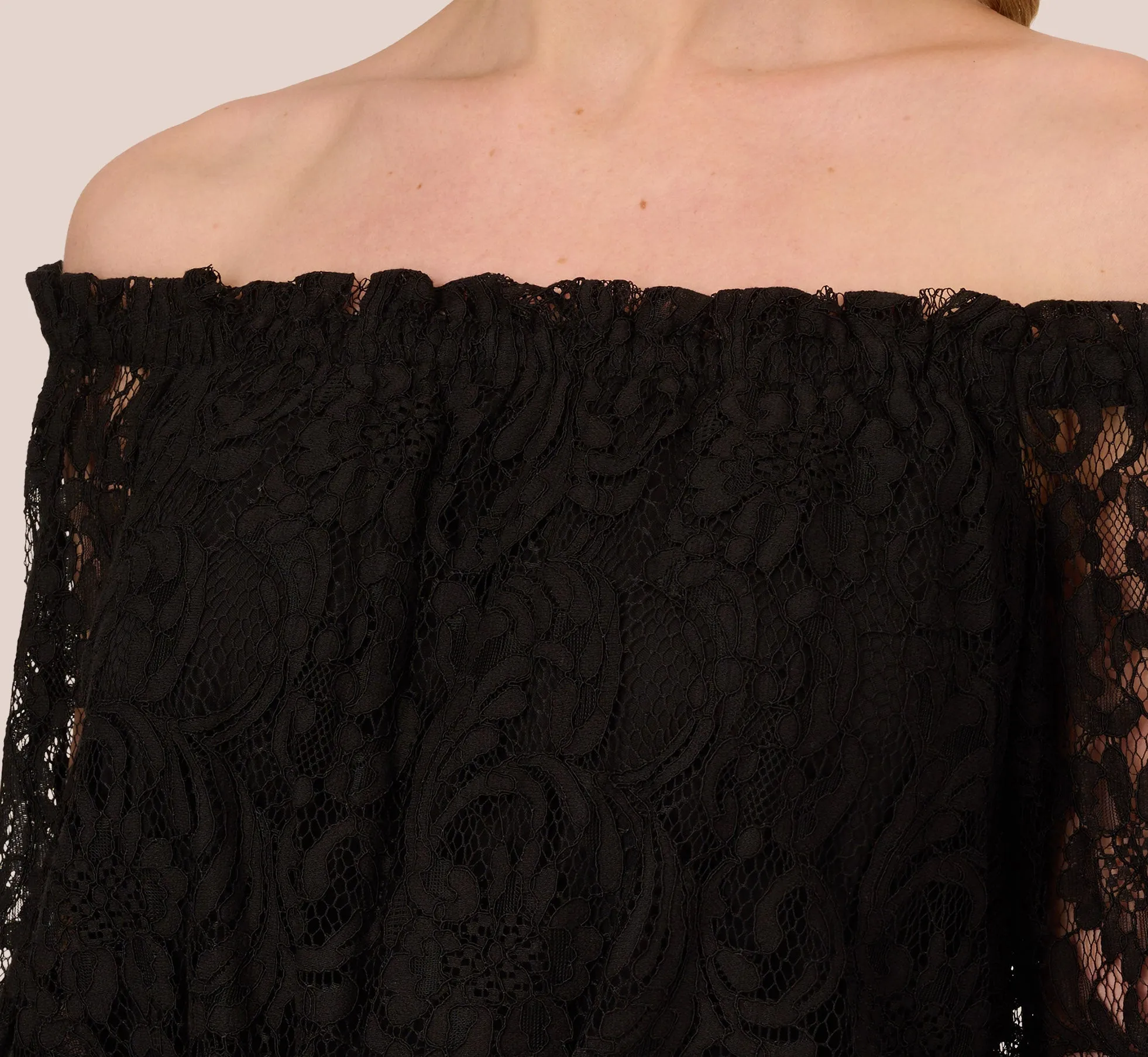 Black Off The Shoulder Crepe Jumpsuit With Lace Bodice In Black sold by Adrianna Papell product image thumbnail 5