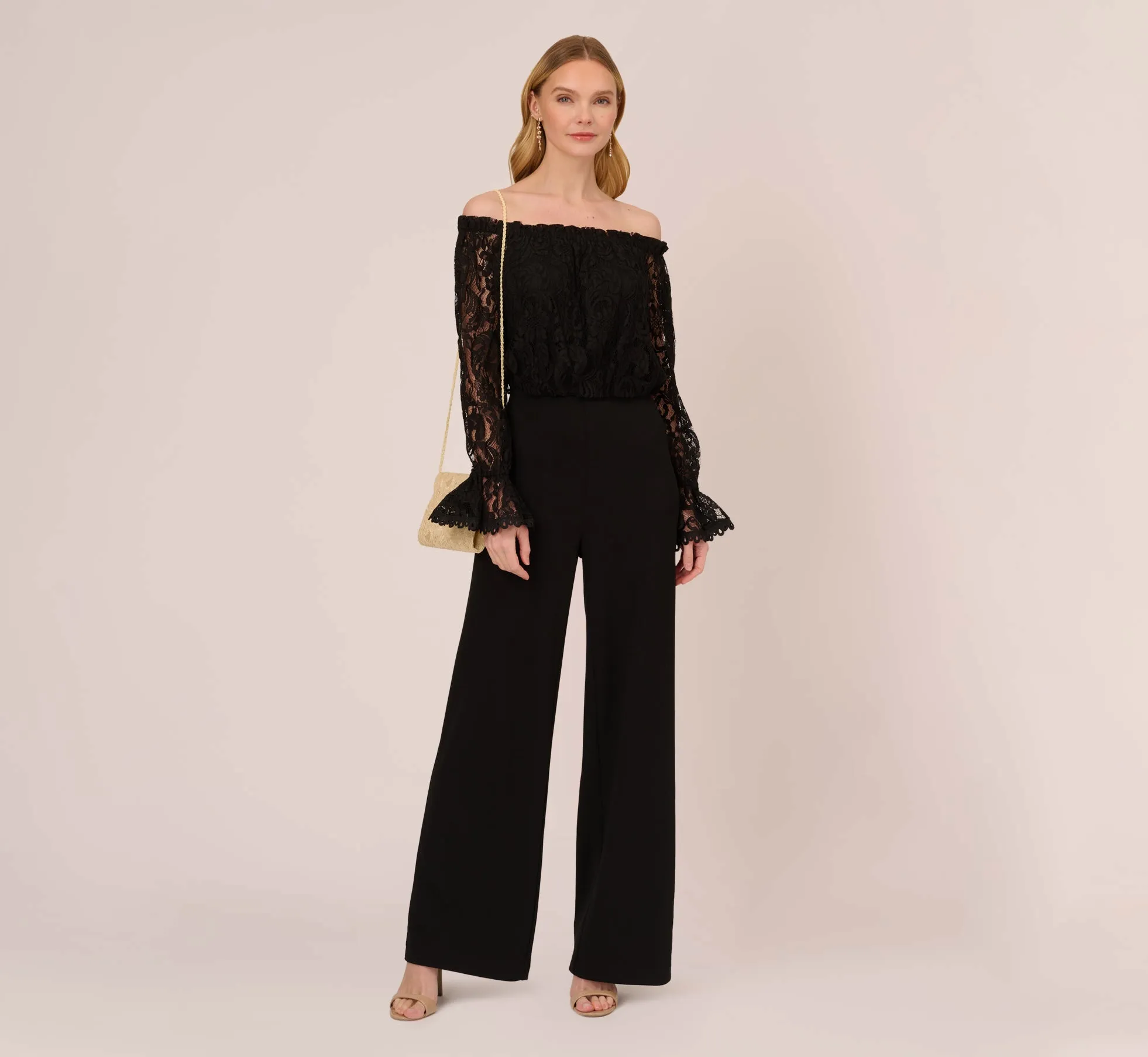 Black Off The Shoulder Crepe Jumpsuit With Lace Bodice In Black sold by Adrianna Papell product image thumbnail 2