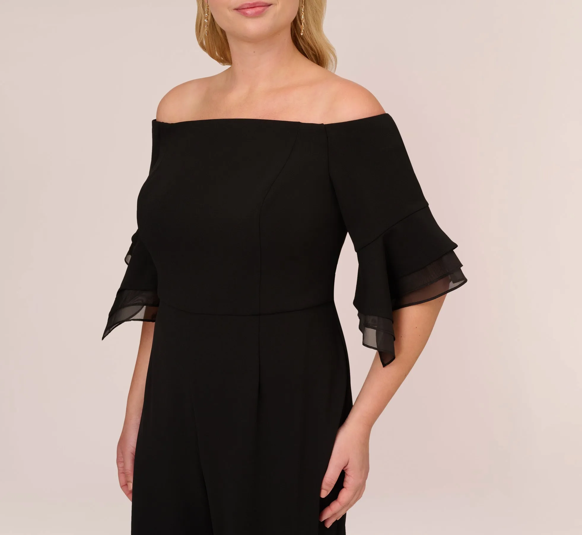 Plus Size Off The Shoulder Crepe Jumpsuit With Organza Sleeves In Black sold by Adrianna Papell product image thumbnail 5