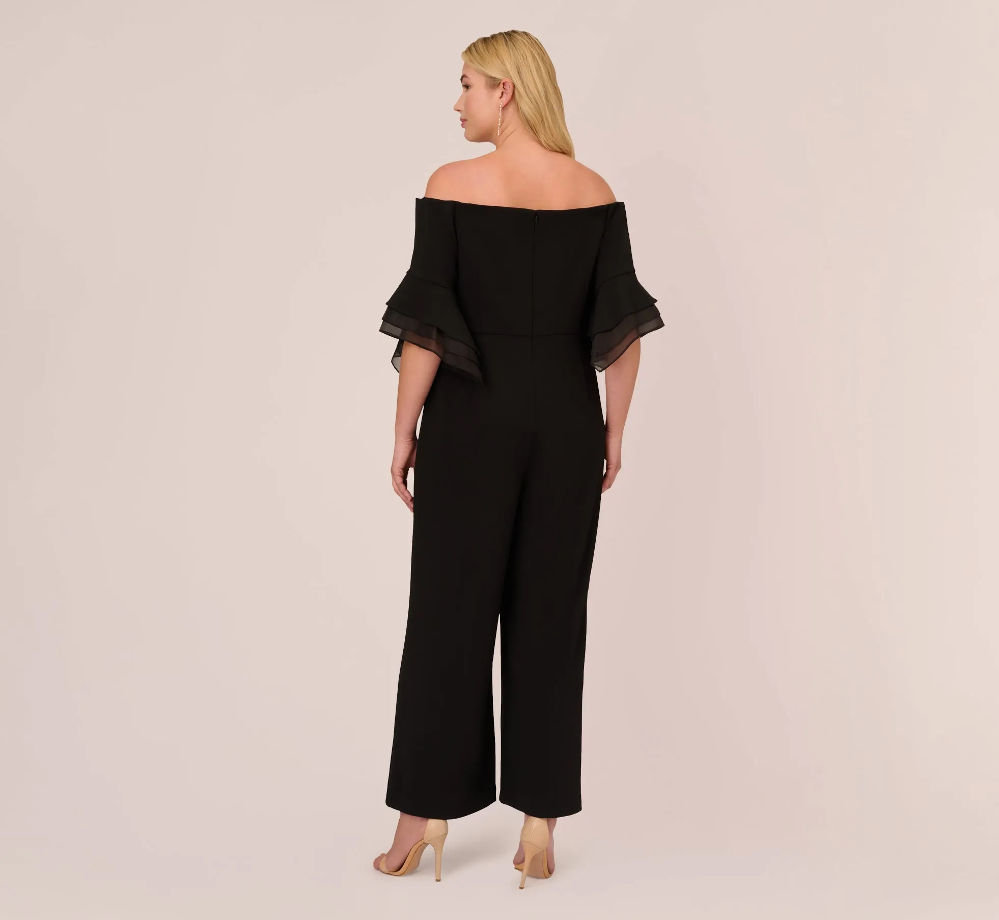 Plus Size Off The Shoulder Crepe Jumpsuit With Organza Sleeves In Black sold by Adrianna Papell product image thumbnail 4
