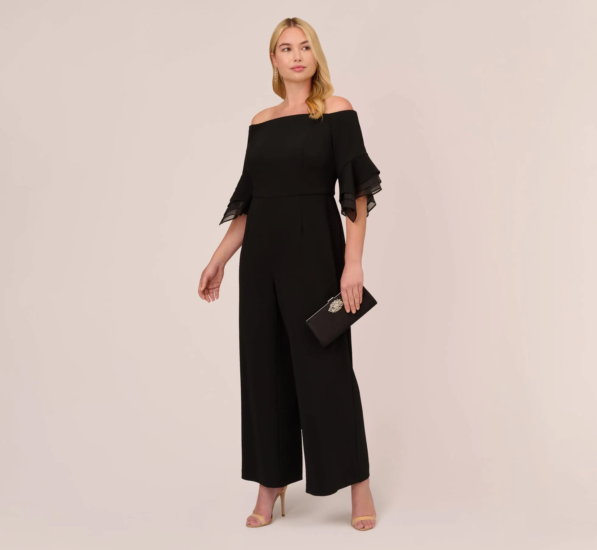 Plus Size Off The Shoulder Crepe Jumpsuit With Organza Sleeves In Black sold by Adrianna Papell product image thumbnail 2