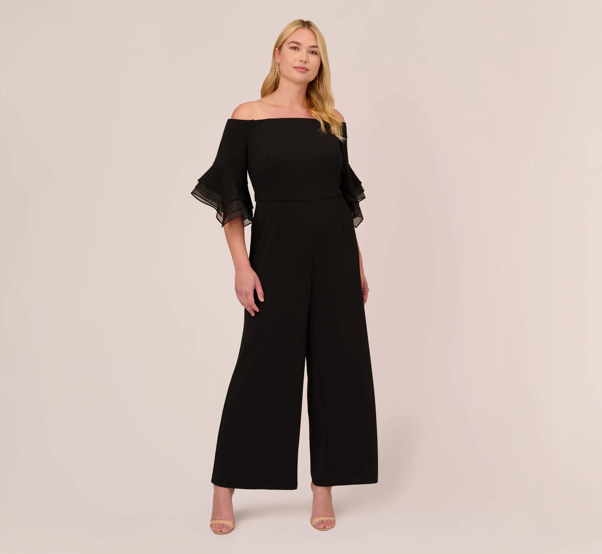Plus Size Off The Shoulder Crepe Jumpsuit With Organza Sleeves In Black sold by Adrianna Papell