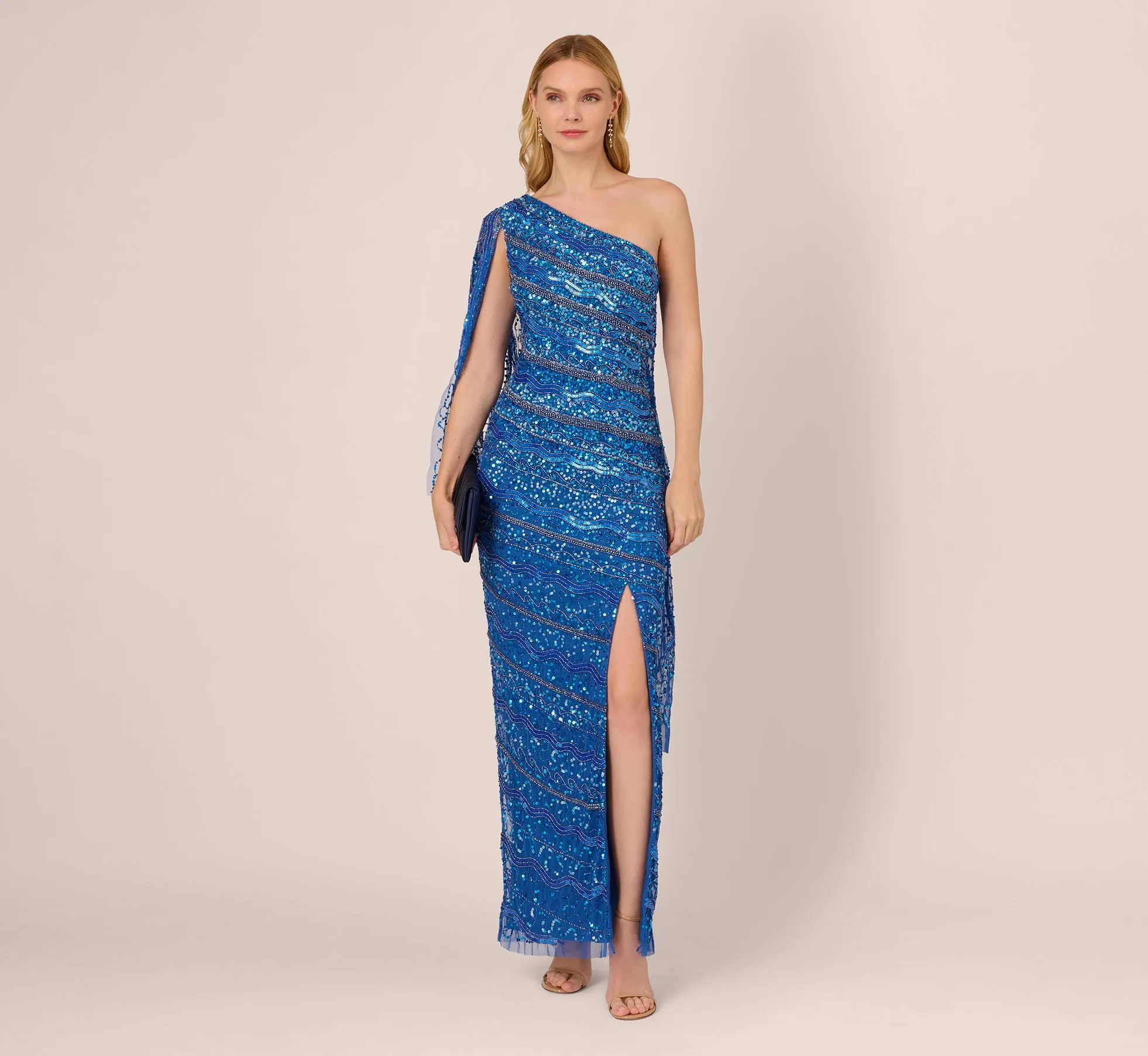 One Shoulder Beaded Column Gown With Draped Sleeve In Blue Horizon sold by Adrianna Papell product image thumbnail 2