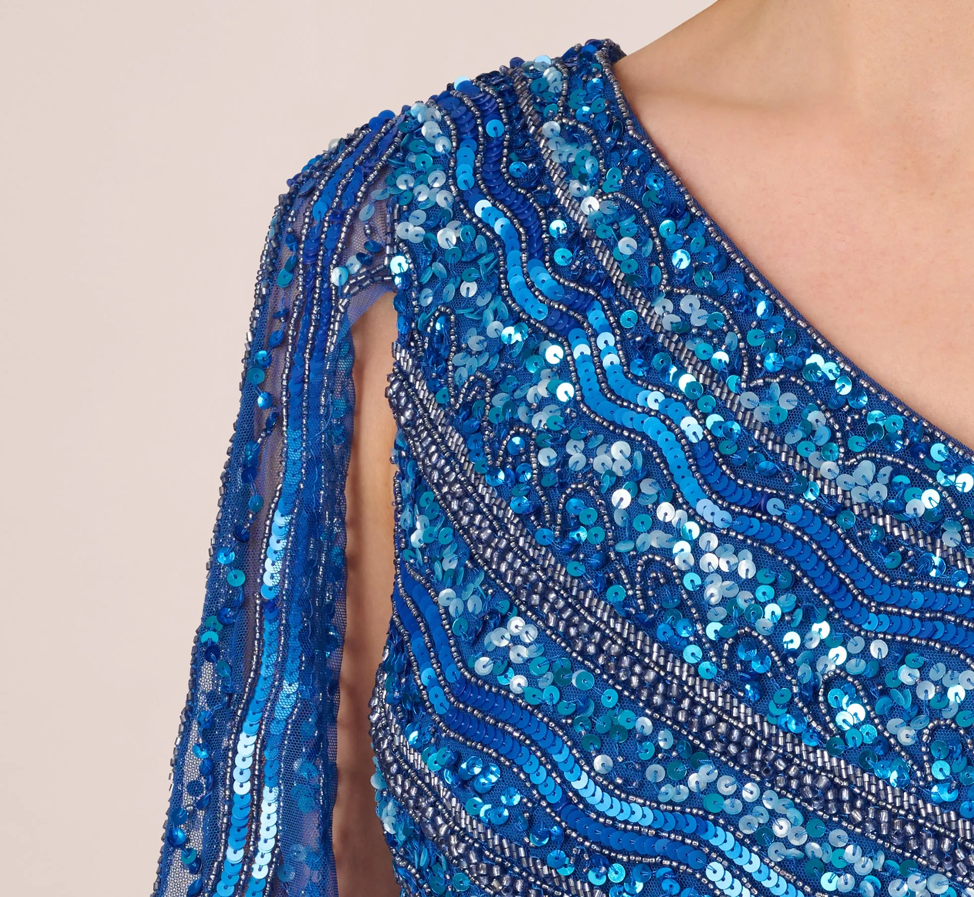 One Shoulder Beaded Column Gown With Draped Sleeve In Blue Horizon sold by Adrianna Papell product image thumbnail 3