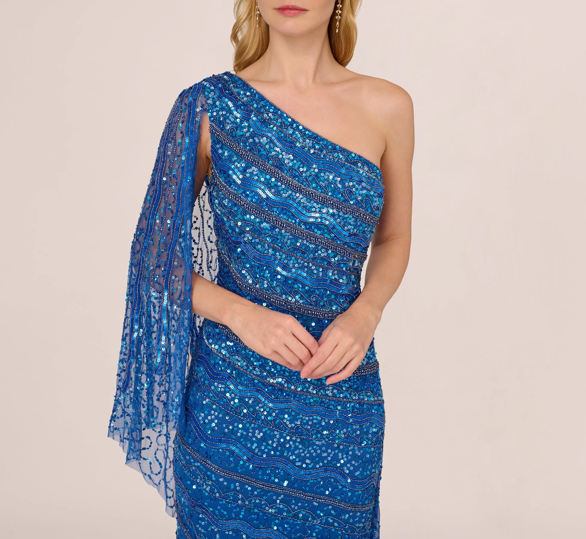 One Shoulder Beaded Column Gown With Draped Sleeve In Blue Horizon sold by Adrianna Papell product image thumbnail 5