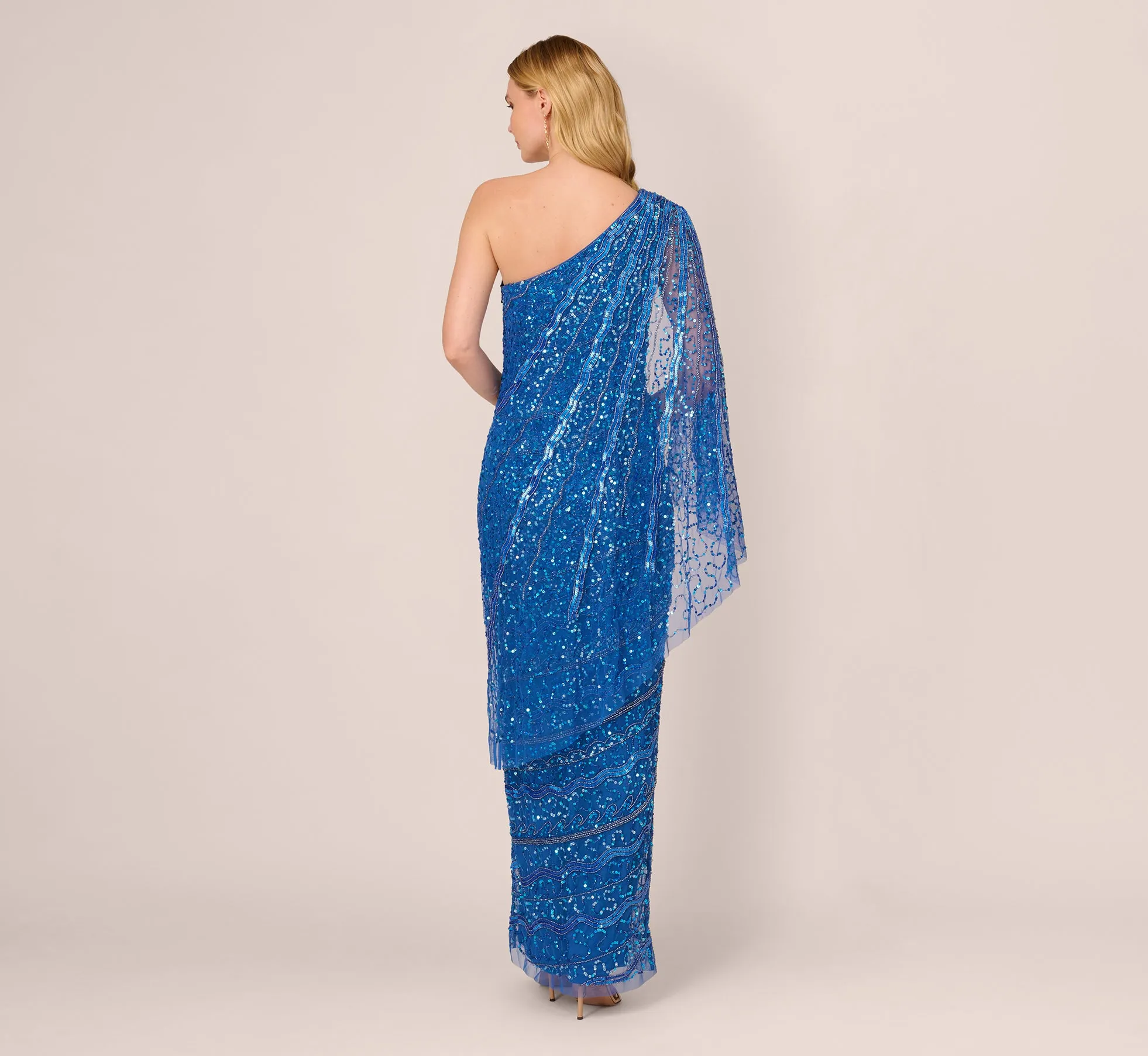 One Shoulder Beaded Column Gown With Draped Sleeve In Blue Horizon sold by Adrianna Papell product image thumbnail 4