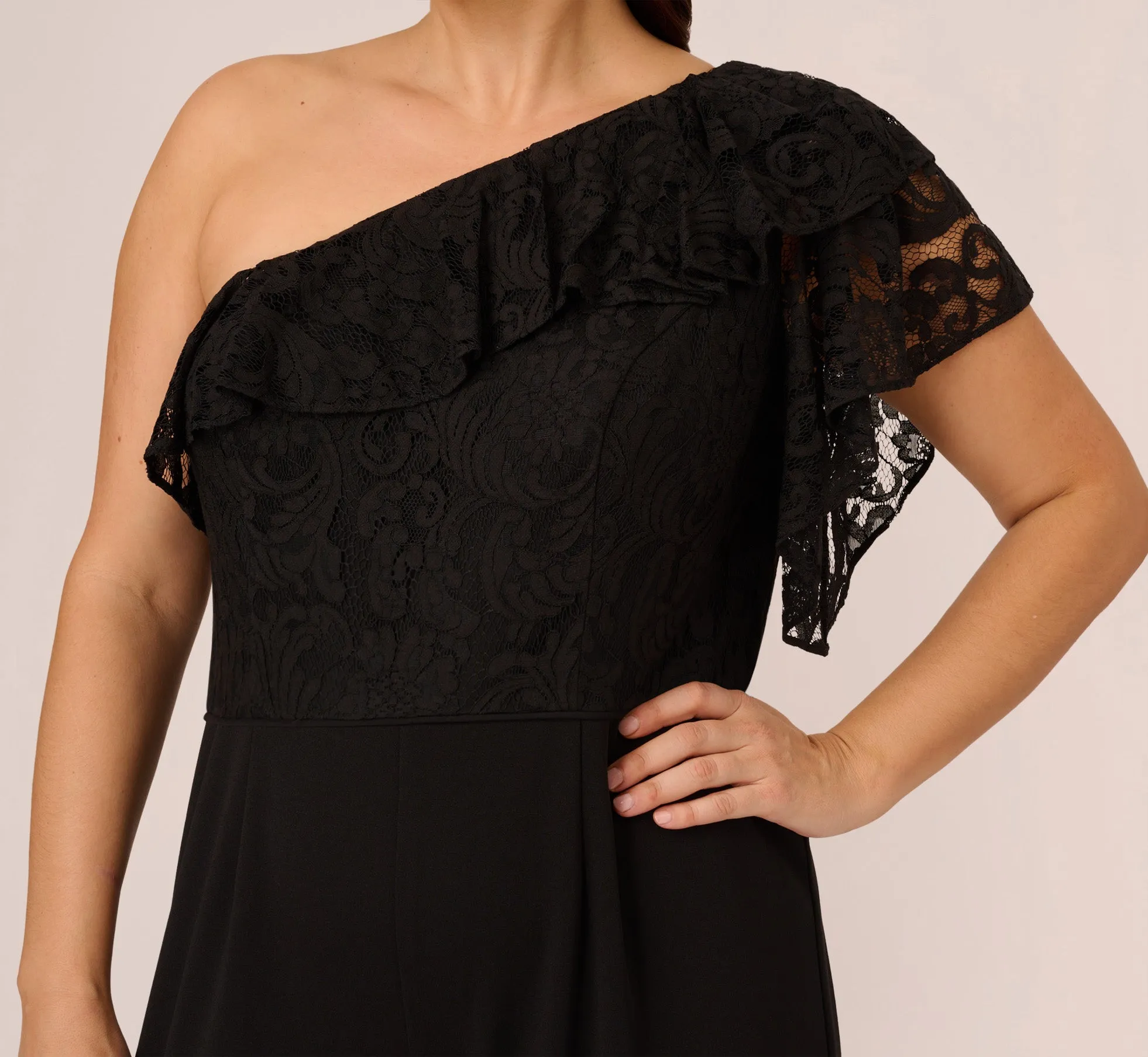 Plus Size One Shoulder Crepe Jumpsuit With Lace Ruffle Details In Black sold by Adrianna Papell product image thumbnail 3