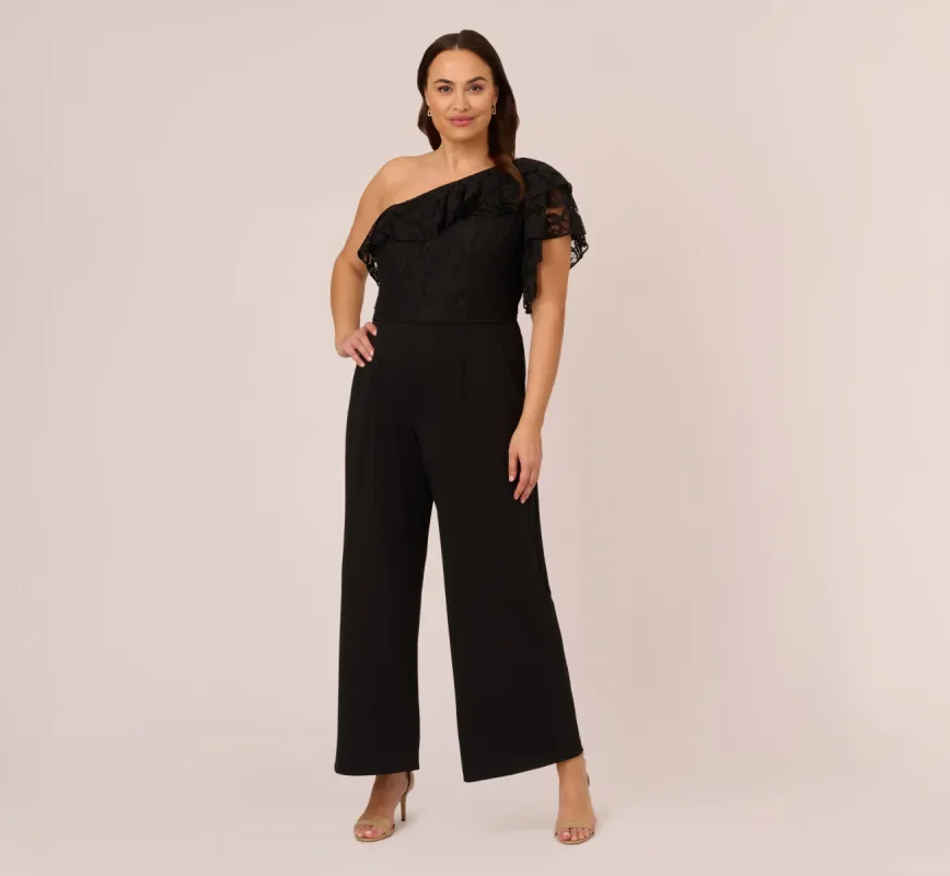 Plus Size One Shoulder Crepe Jumpsuit With Lace Ruffle Details In Black sold by Adrianna Papell