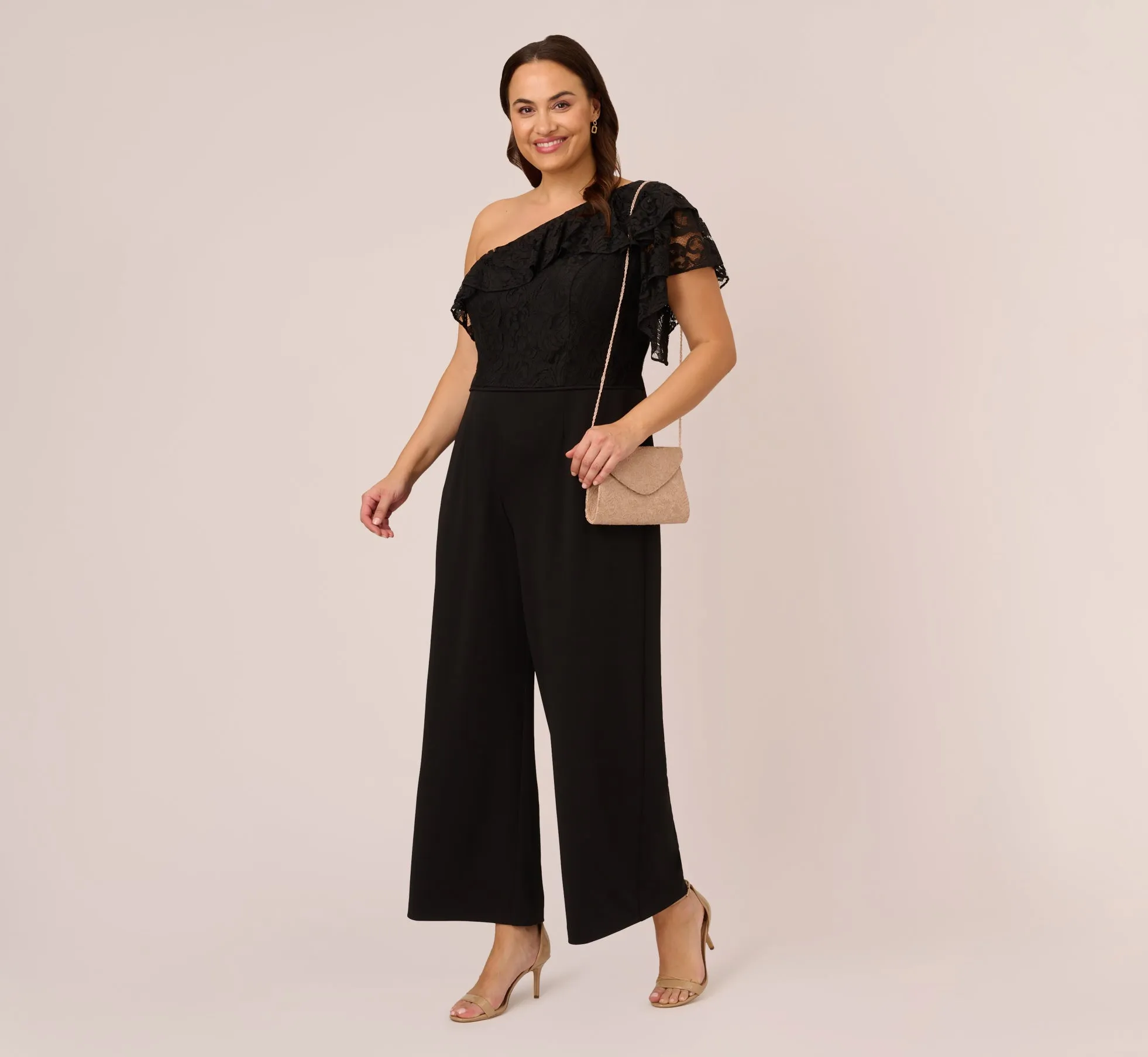 Plus Size One Shoulder Crepe Jumpsuit With Lace Ruffle Details In Black sold by Adrianna Papell product image thumbnail 2