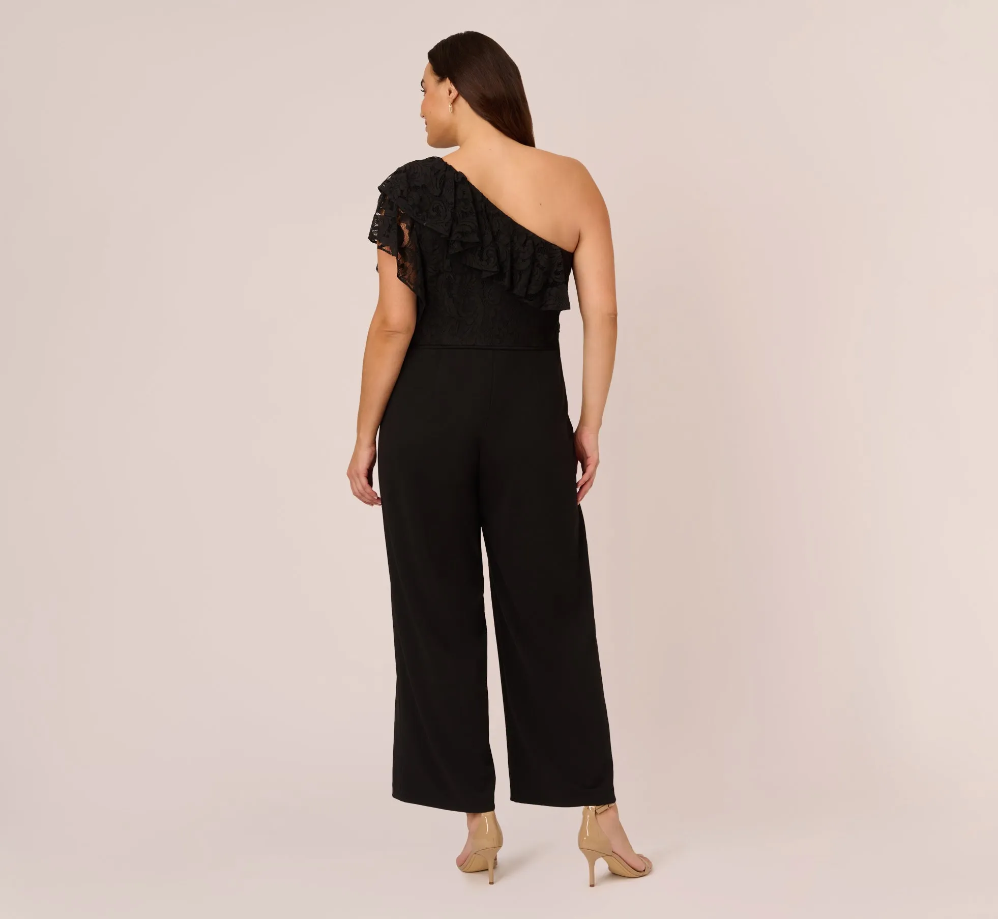 Plus Size One Shoulder Crepe Jumpsuit With Lace Ruffle Details In Black sold by Adrianna Papell product image thumbnail 4