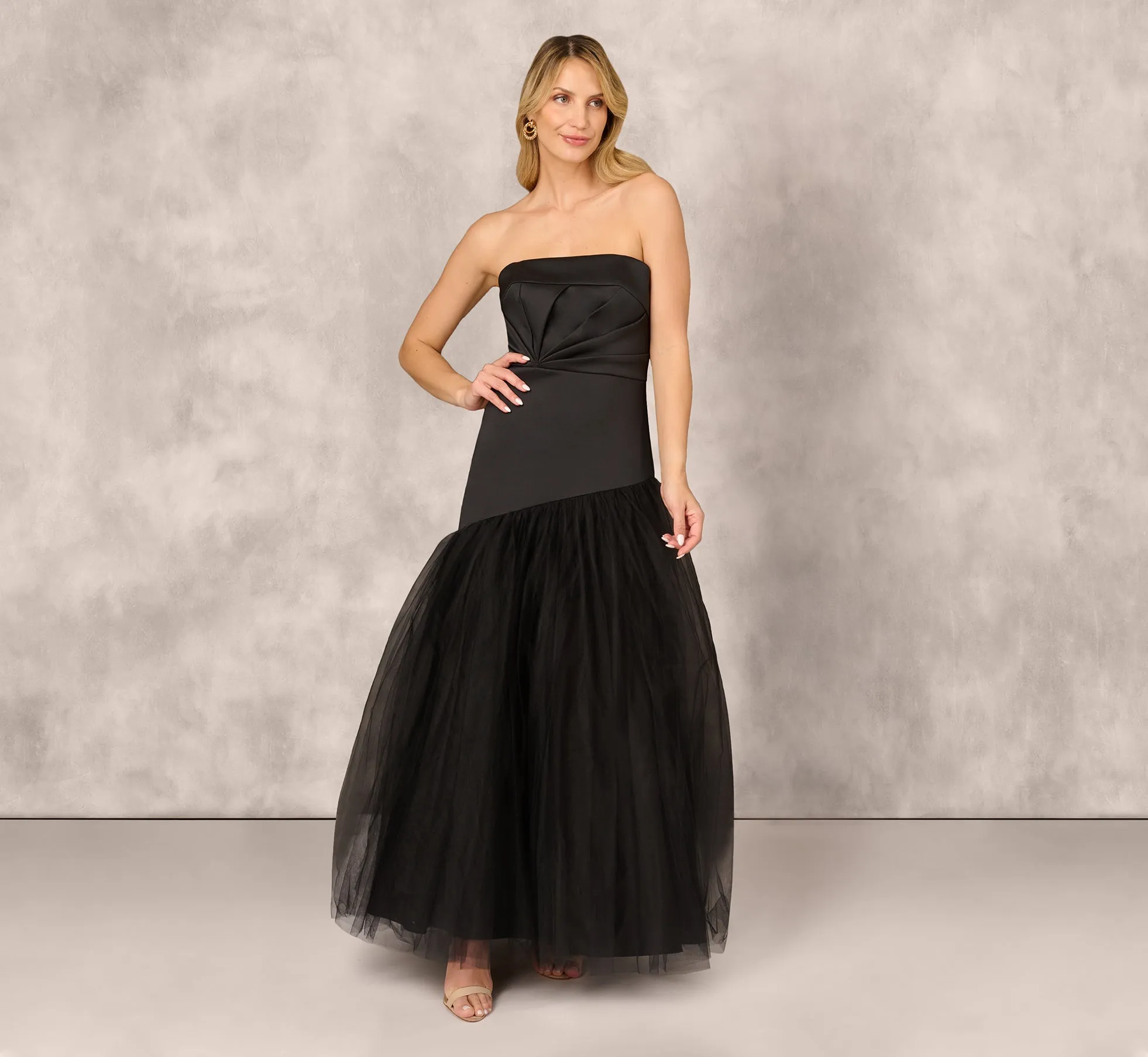 Strapless Mikado Ball Gown With Mesh Skirt In Black sold by Adrianna Papell