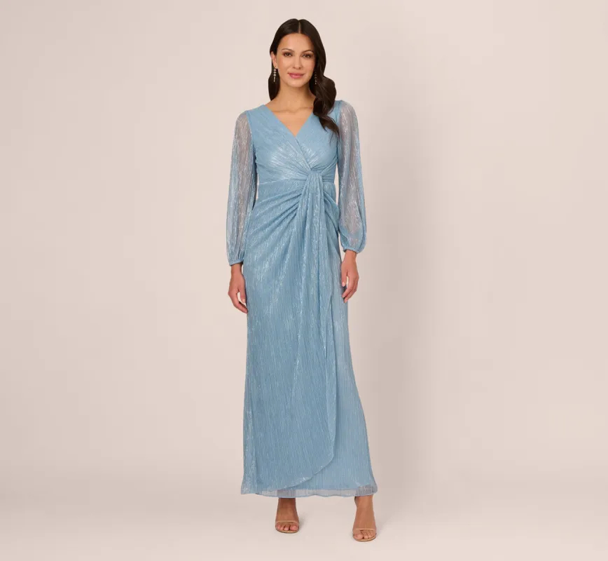 Metallic Crinkled Mesh Draped Long Gown In Belize Blue sold by Adrianna Papell