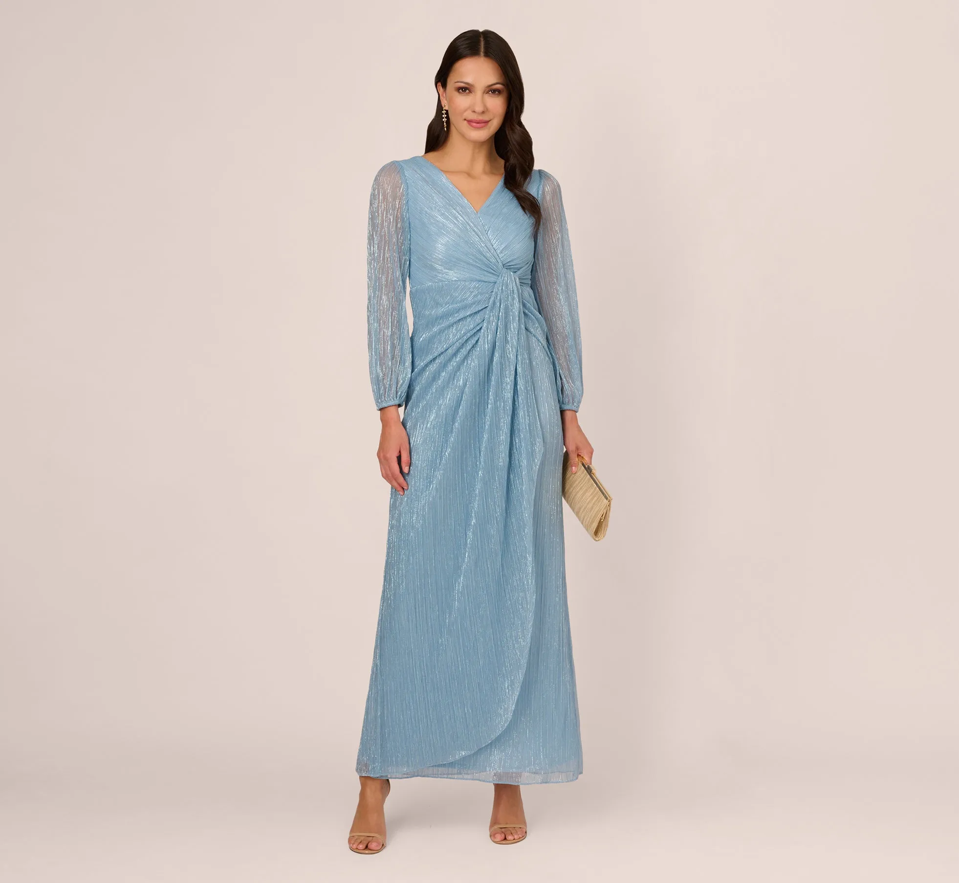 Metallic Crinkled Mesh Draped Long Gown In Belize Blue sold by Adrianna Papell product image thumbnail 2