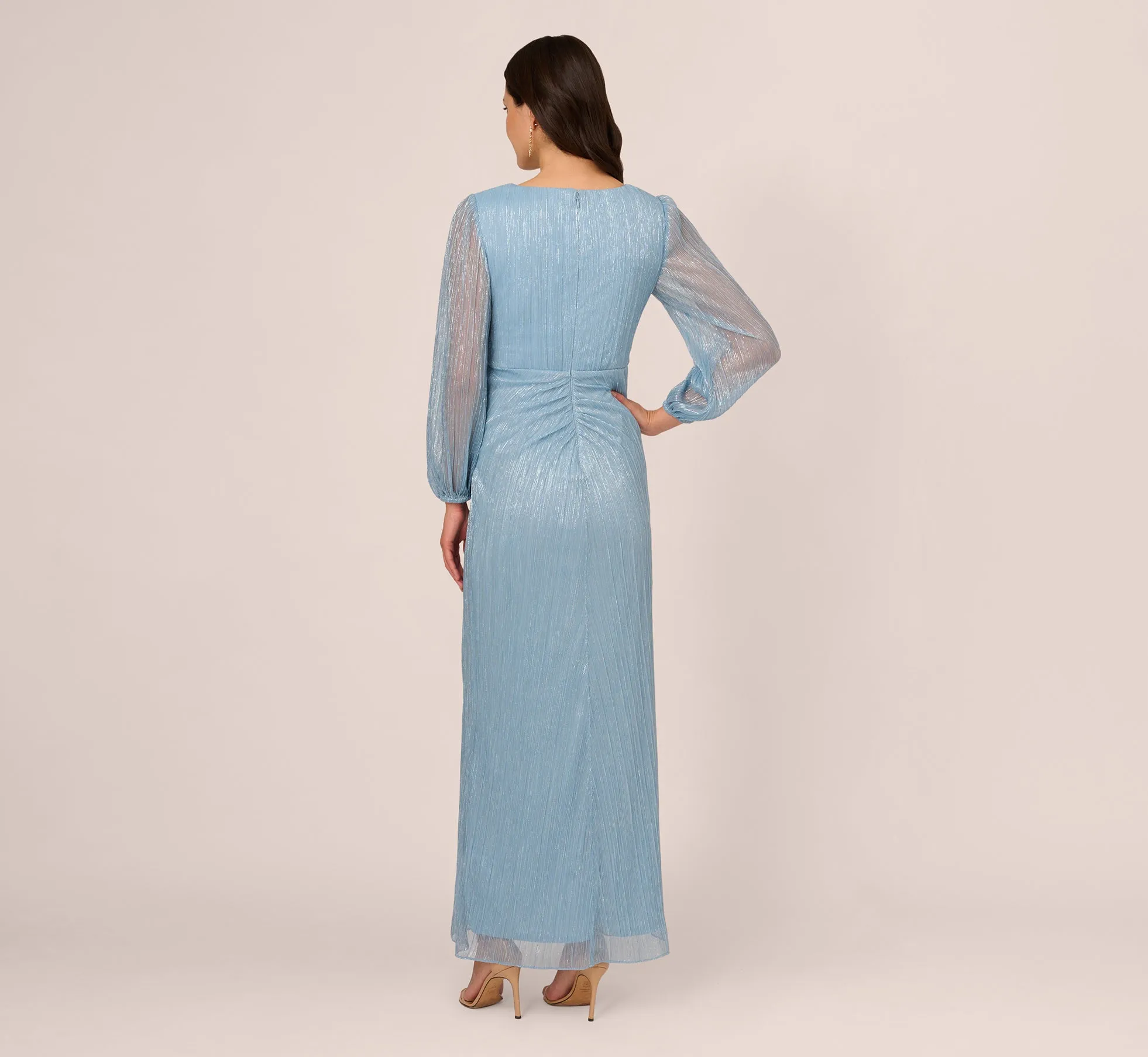 Metallic Crinkled Mesh Draped Long Gown In Belize Blue sold by Adrianna Papell product image thumbnail 4