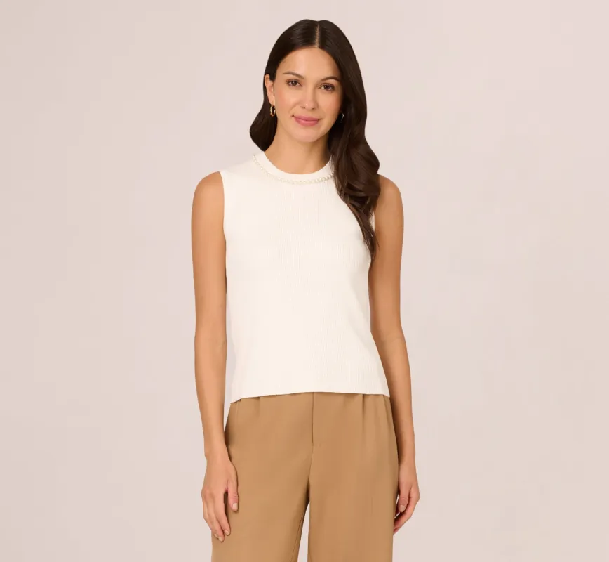 Sleeveless Pearl Neck Sweater In Ivory sold by Adrianna Papell