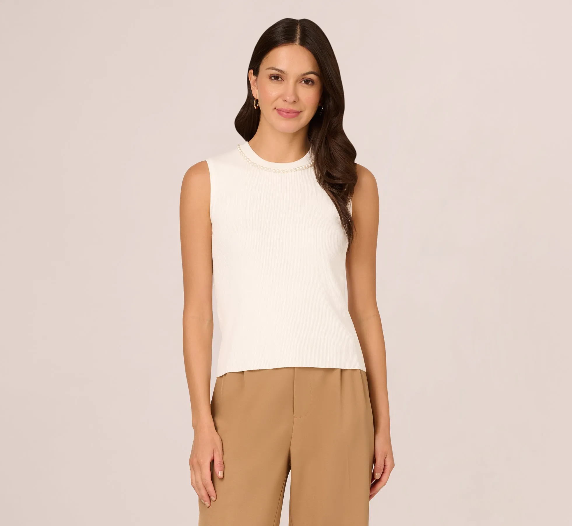 Sleeveless Pearl Neck Sweater In Ivory sold by Adrianna Papell