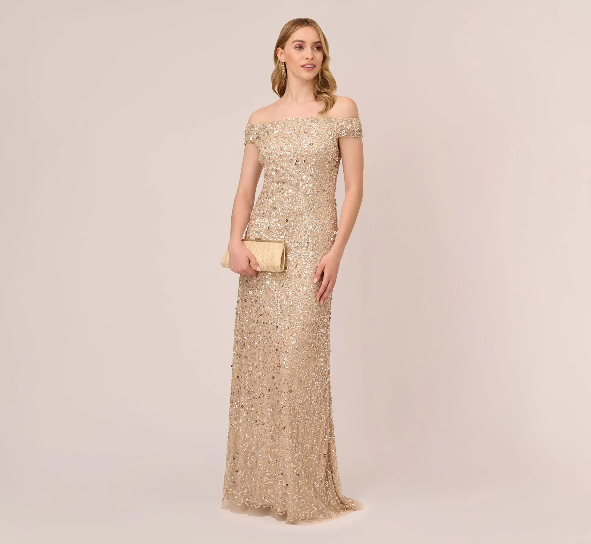 Off The Shoulder Sequin Beaded Gown In Champagne sold by Adrianna Papell product image thumbnail 3