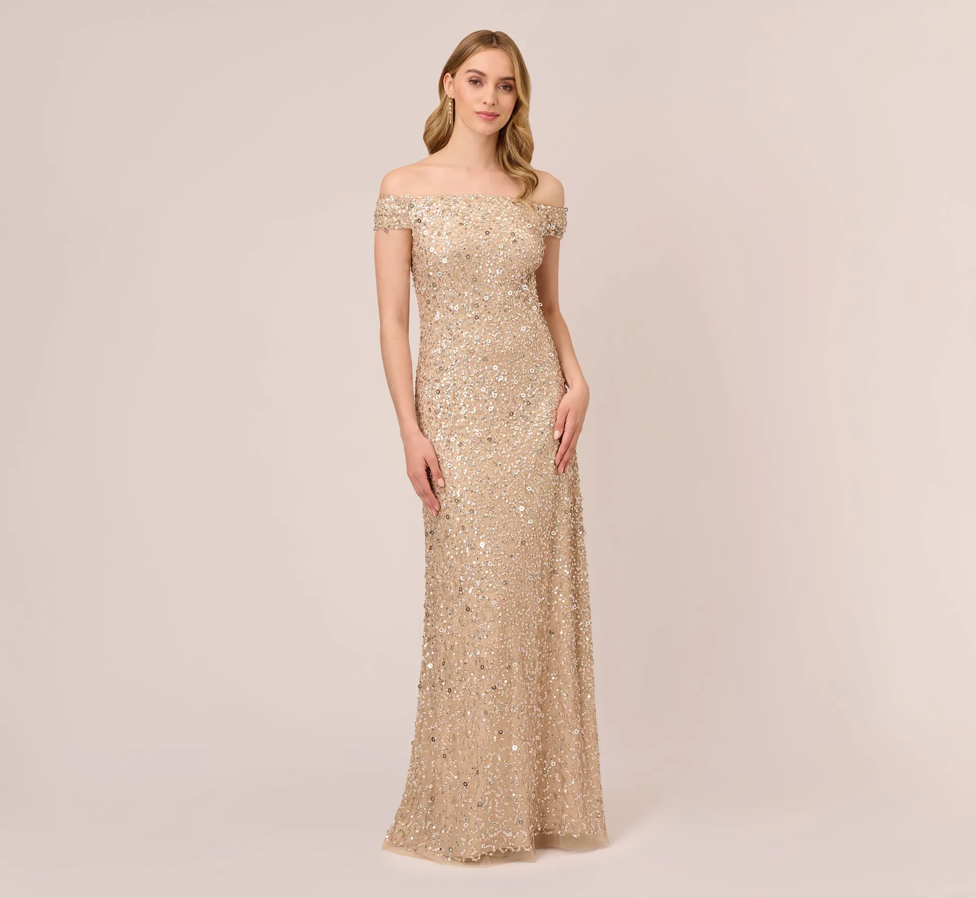Off The Shoulder Sequin Beaded Gown In Champagne sold by Adrianna Papell product image thumbnail 2