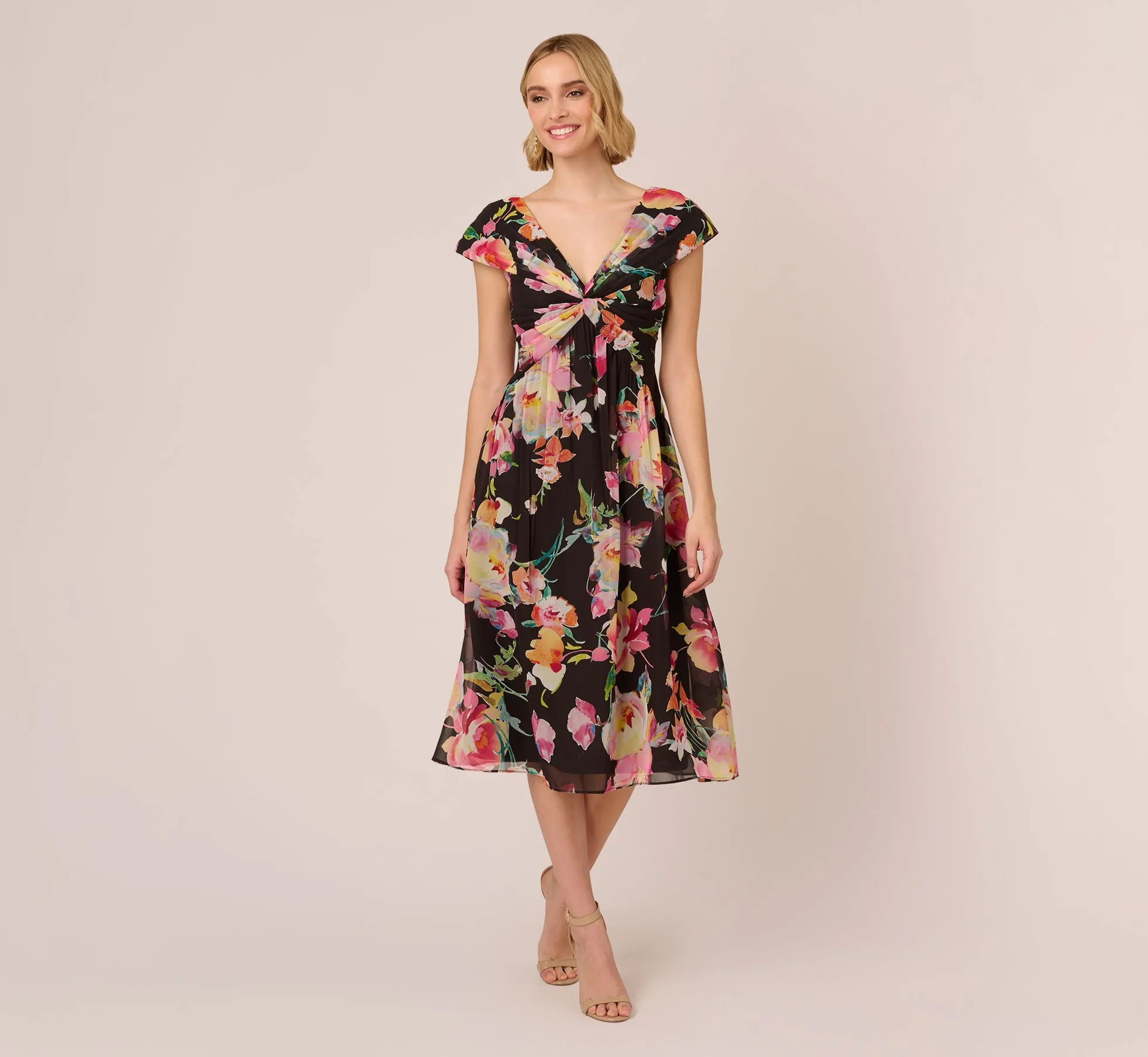 Floral Print Midi Dress With Twist Neckline In Black Multi sold by Adrianna Papell product image thumbnail 2