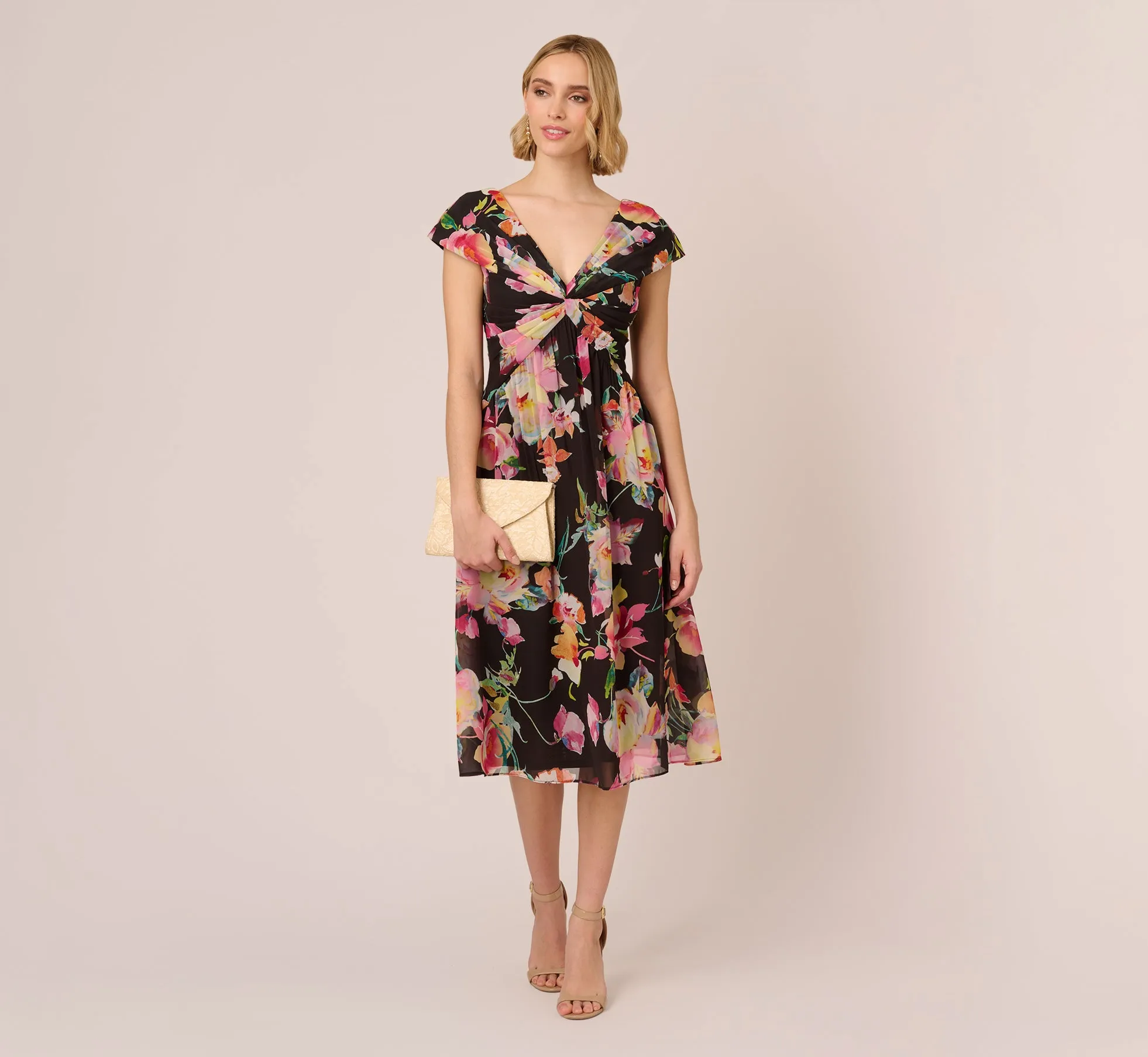 Floral Print Midi Dress With Twist Neckline In Black Multi sold by Adrianna Papell