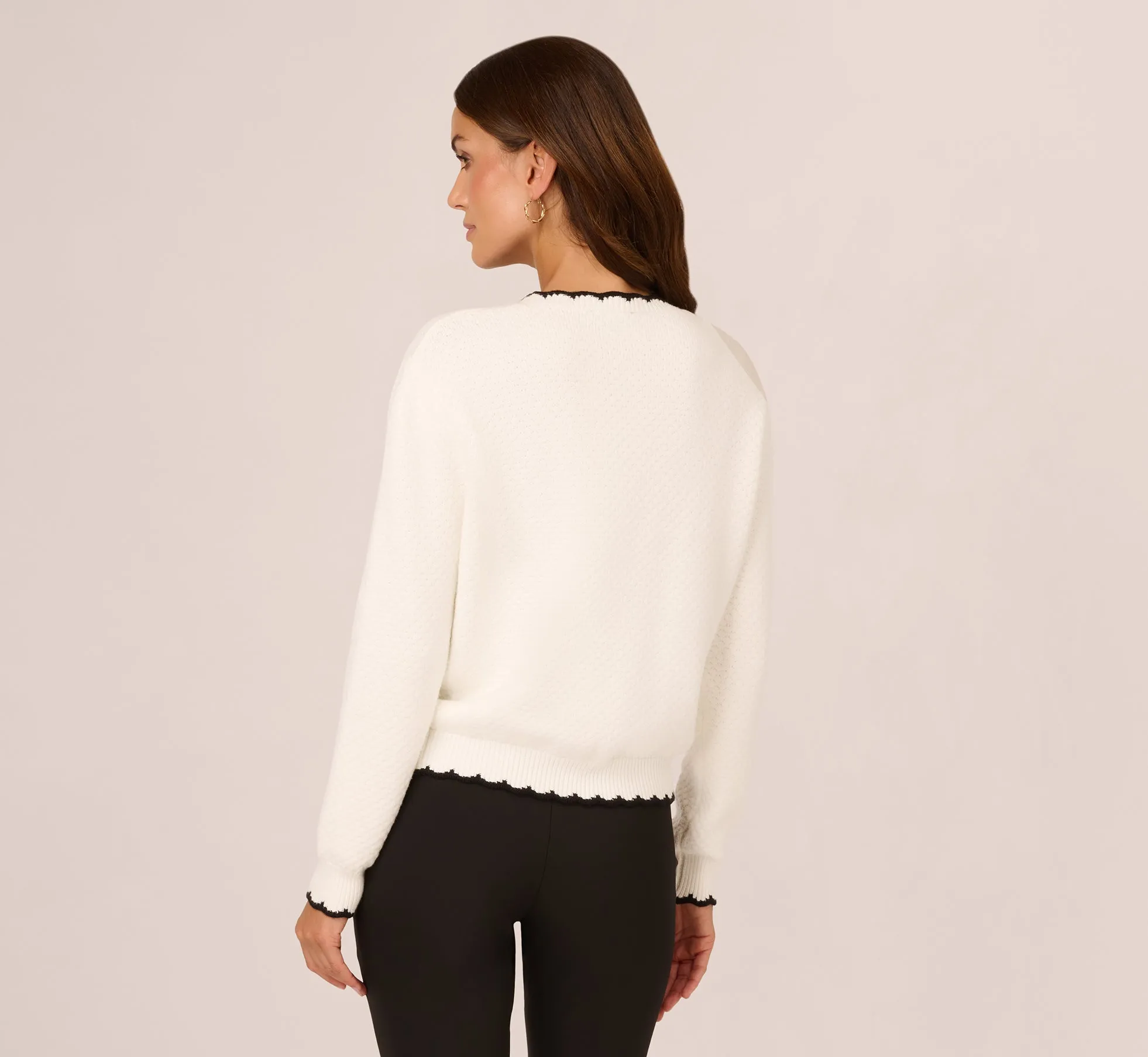 Cardigan Sweater With Contrast Scallop Trim In Ivory Black sold by Adrianna Papell product image thumbnail 4