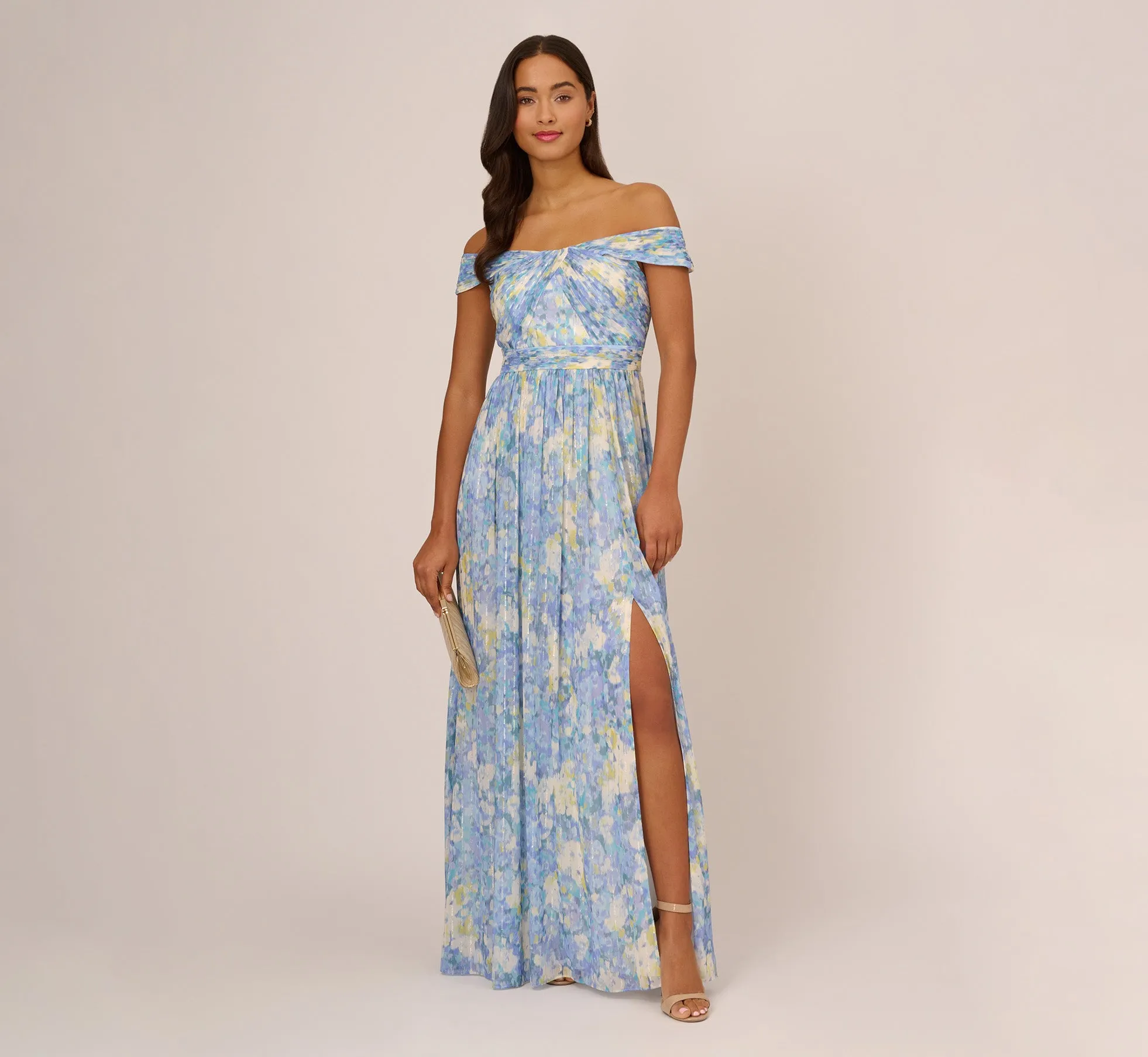 Watercolor Floral Print Gown With Off The Shoulder Neckline In Blue Multi sold by Adrianna Papell product image thumbnail 2