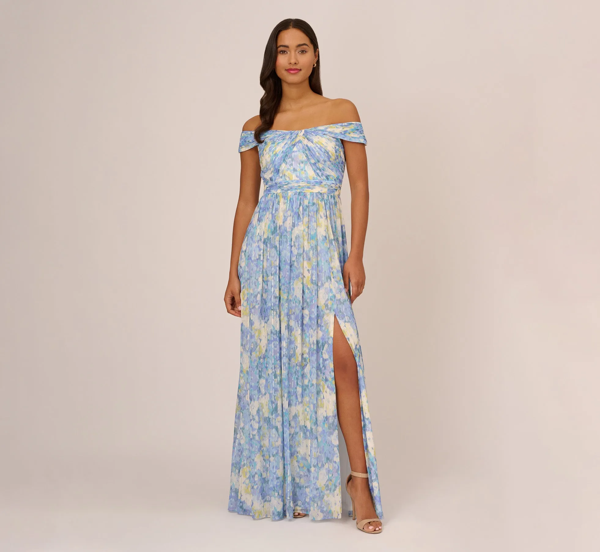 Watercolor Floral Print Gown With Off The Shoulder Neckline In Blue Multi sold by Adrianna Papell
