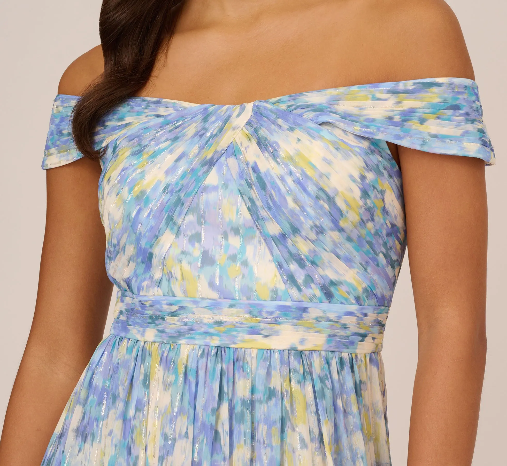 Watercolor Floral Print Gown With Off The Shoulder Neckline In Blue Multi sold by Adrianna Papell product image thumbnail 5
