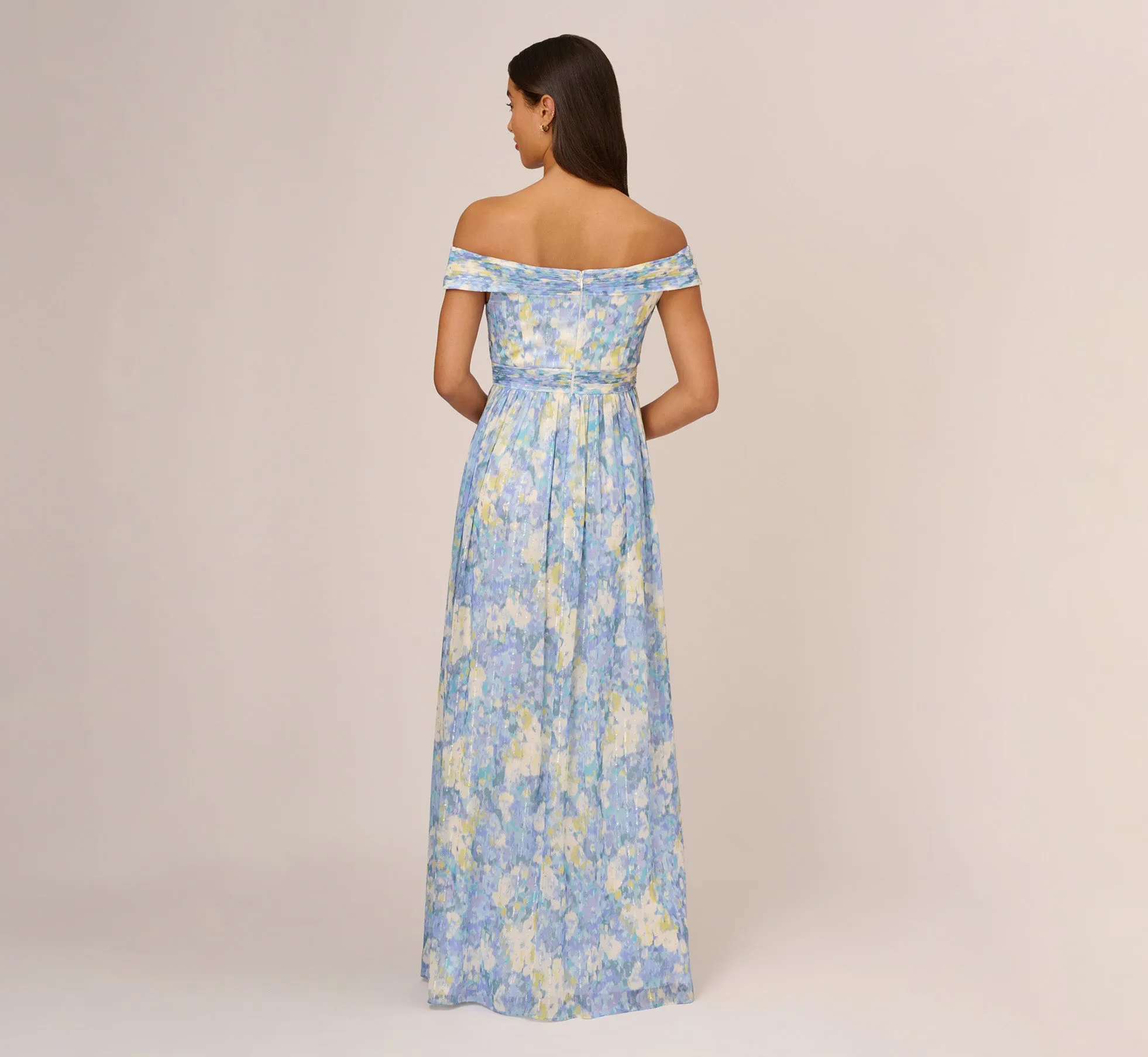 Watercolor Floral Print Gown With Off The Shoulder Neckline In Blue Multi sold by Adrianna Papell product image thumbnail 3