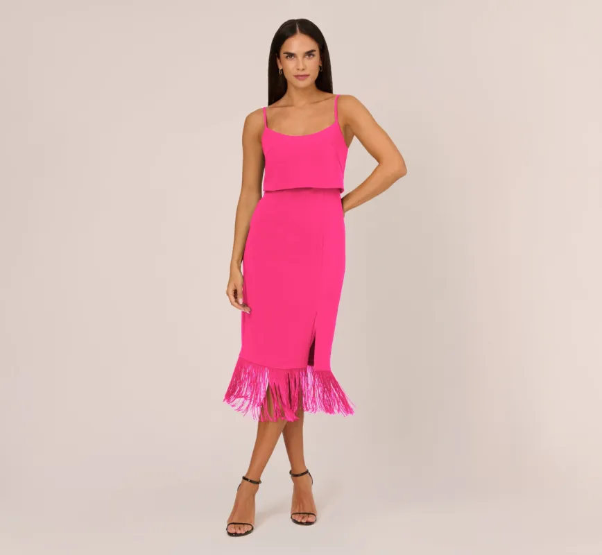 Crepe Popover Midi Dress With Fringe Trim In Lipstick sold by Adrianna Papell