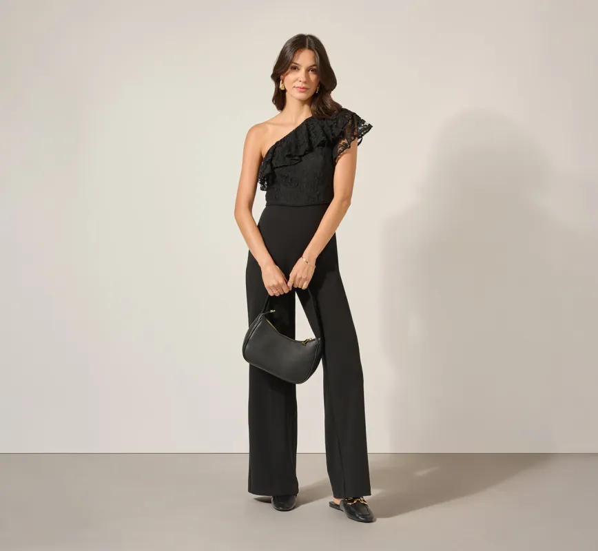 One Shoulder Crepe Jumpsuit With Lace Ruffle Details In Black sold by Adrianna Papell