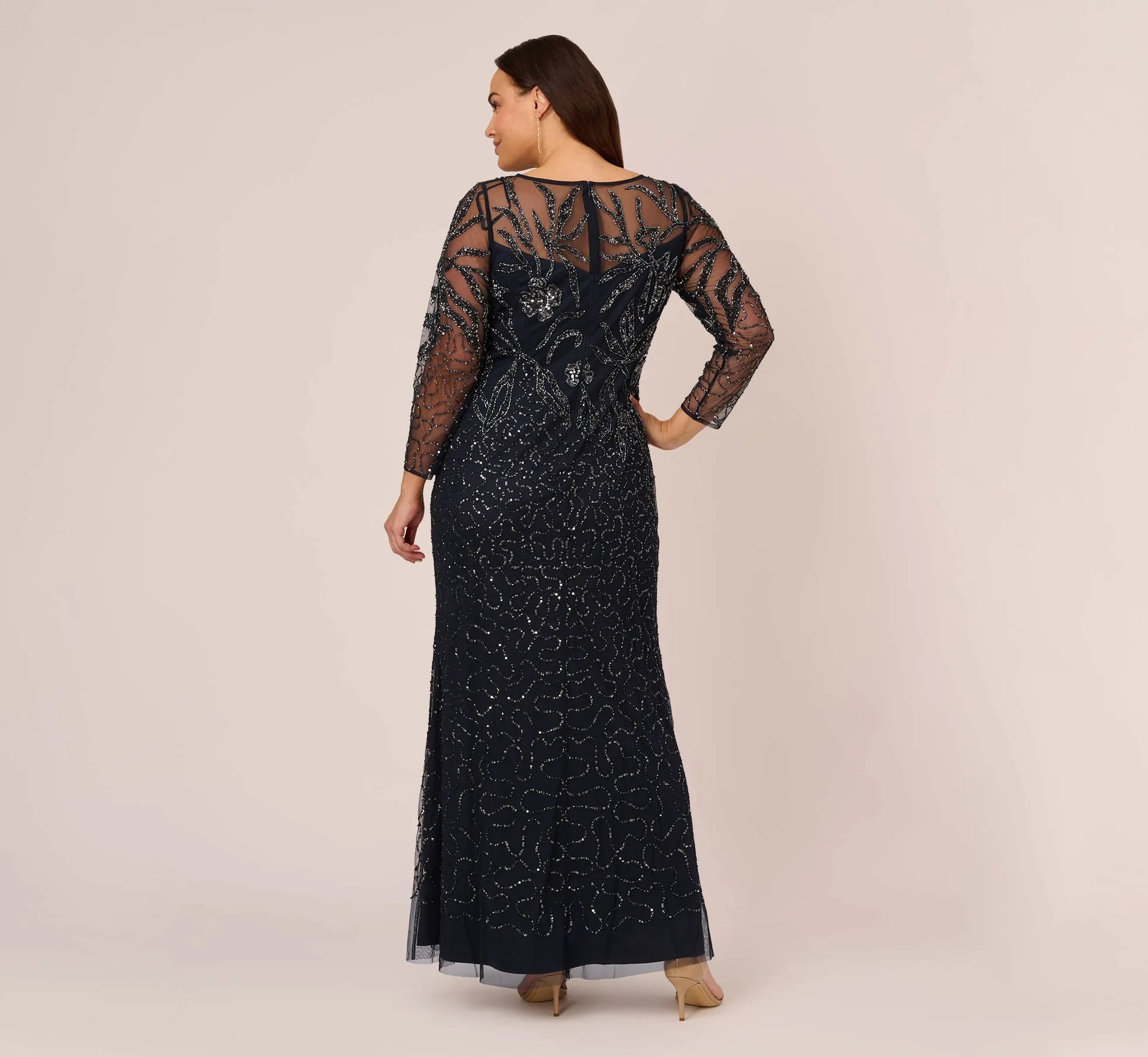 Plus Size Floral Beaded Dress With Sheer Long Sleeves In Midnight sold by Adrianna Papell product image thumbnail 3