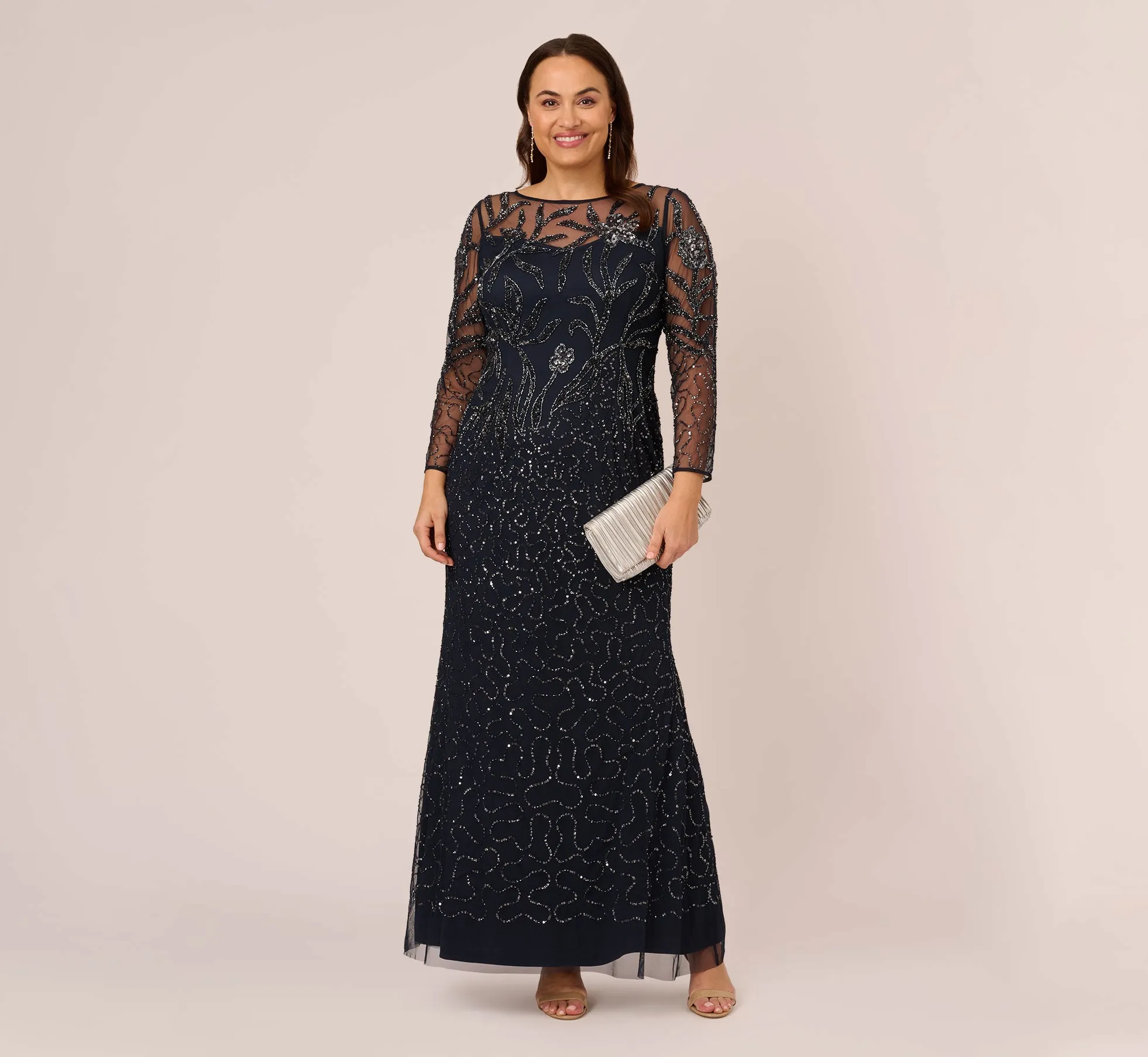 Plus Size Floral Beaded Dress With Sheer Long Sleeves In Midnight sold by Adrianna Papell product image thumbnail 2