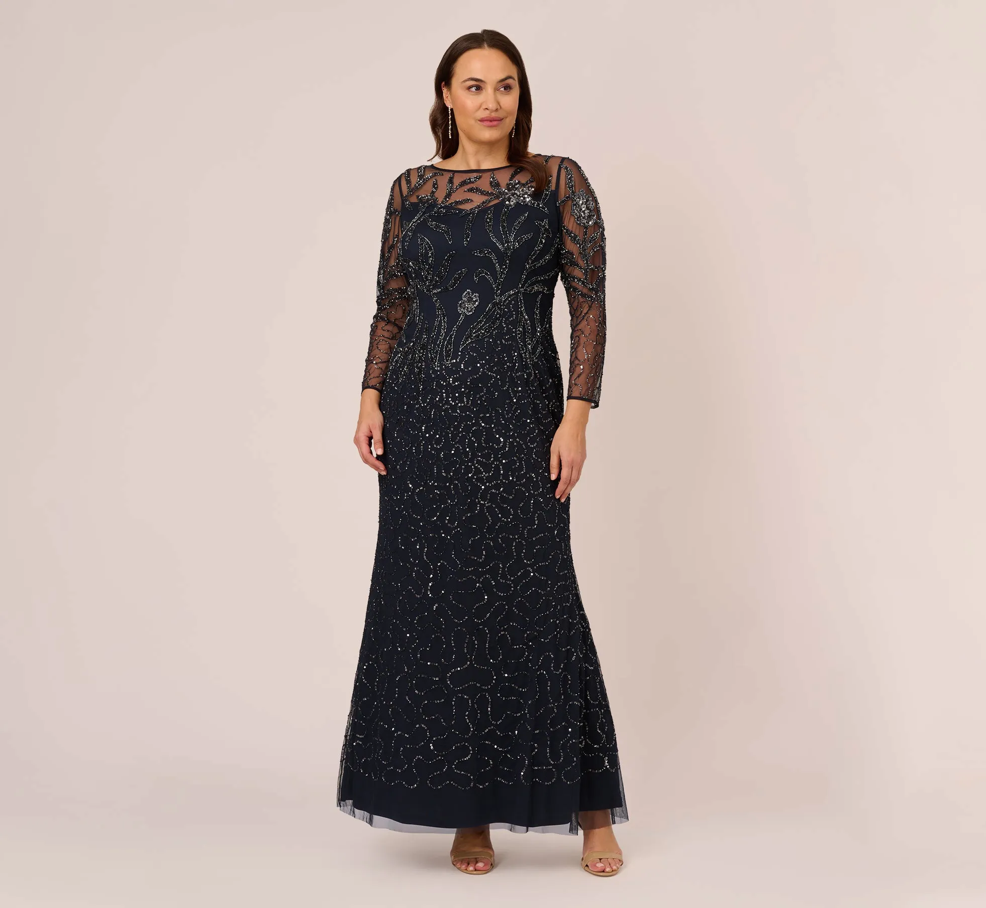 Plus Size Floral Beaded Dress With Sheer Long Sleeves In Midnight sold by Adrianna Papell