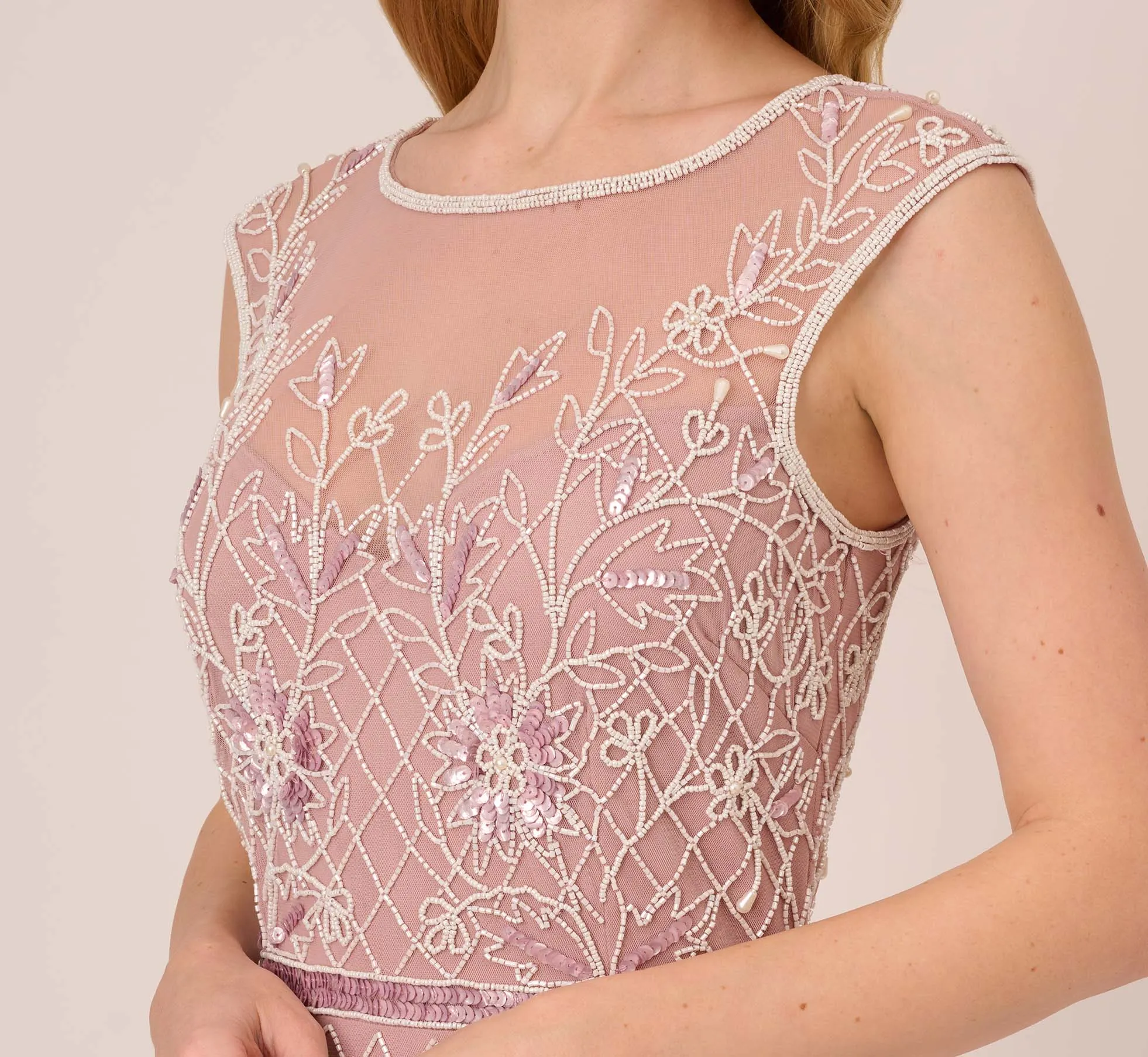 Beaded Ankle-Length Dress With Sheer Neckline In Dusted Petal Ivory sold by Adrianna Papell product image thumbnail 4