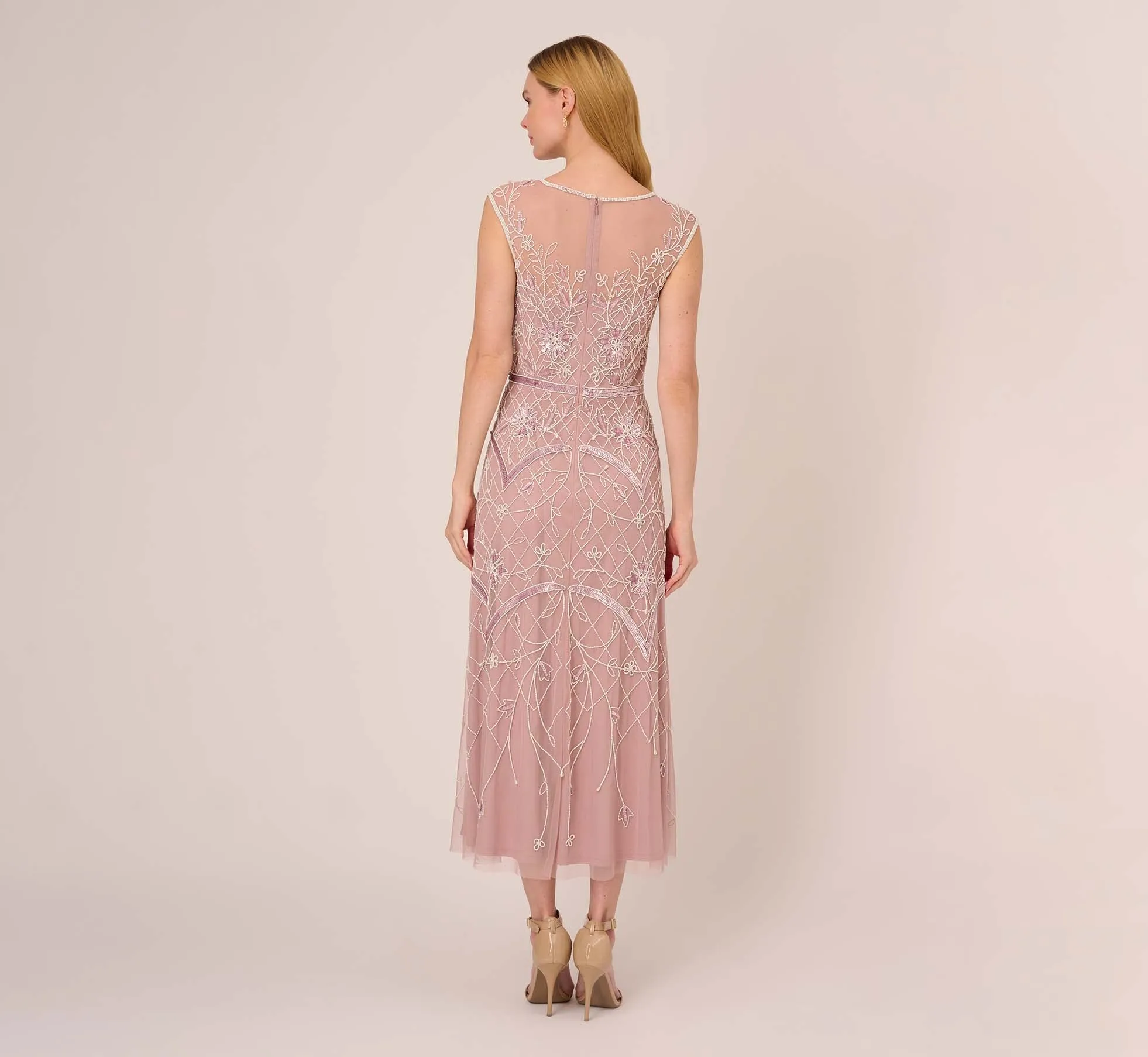 Beaded Ankle-Length Dress With Sheer Neckline In Dusted Petal Ivory sold by Adrianna Papell product image thumbnail 5